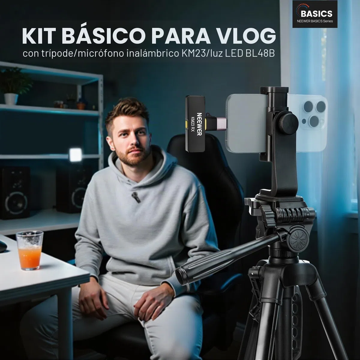 NEEWER BÁSICO PA056 Vlogging Kit para iPhone Android Phone para Youtube TikTok Streaming Cine Grabación, Trípode + Micrófono + Luz LED Relleno, Esenciales para Iniciar la Creación Contenido Youtuber