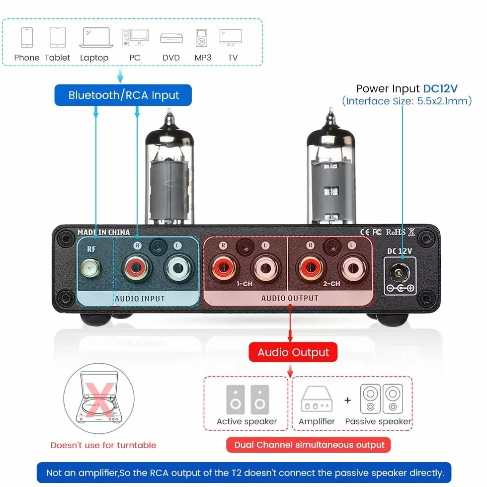 AIYIMA T2 6K4 - Preamplificador de tubo biliar al vacío Bluetooth 5.0 QCC3034 estéreo HiFi Preamplificador Aptx Preamplificador con alto sonido de bajo midio para altavoces activos de audio en casa