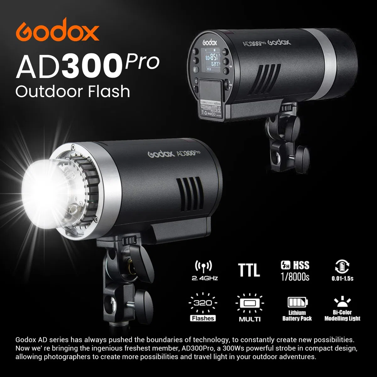 Godox AD300Pro AD300 Pro Studio Flash， 300Ws TTL 2.4G HSS 1/8000s con batería de Litio de Alto Rendimiento y Montaje Bowens Compatible para Nikon Canon Sony Fuji Olympus Cámara Panasonic