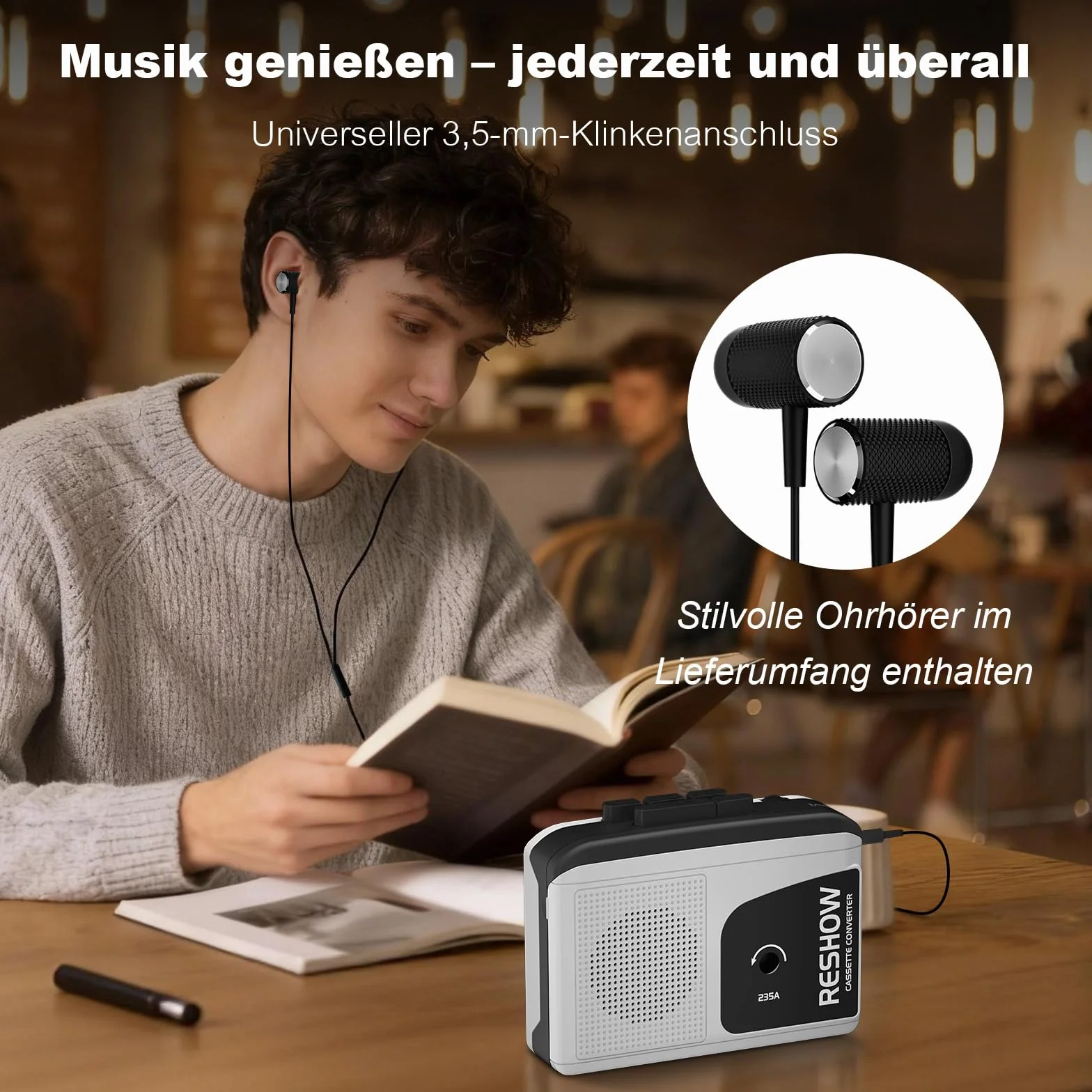 Reshow Grabadora de casete portátil USB a MP3, grabación inversa, micrófono integrado, altavoz, auriculares (blanco)