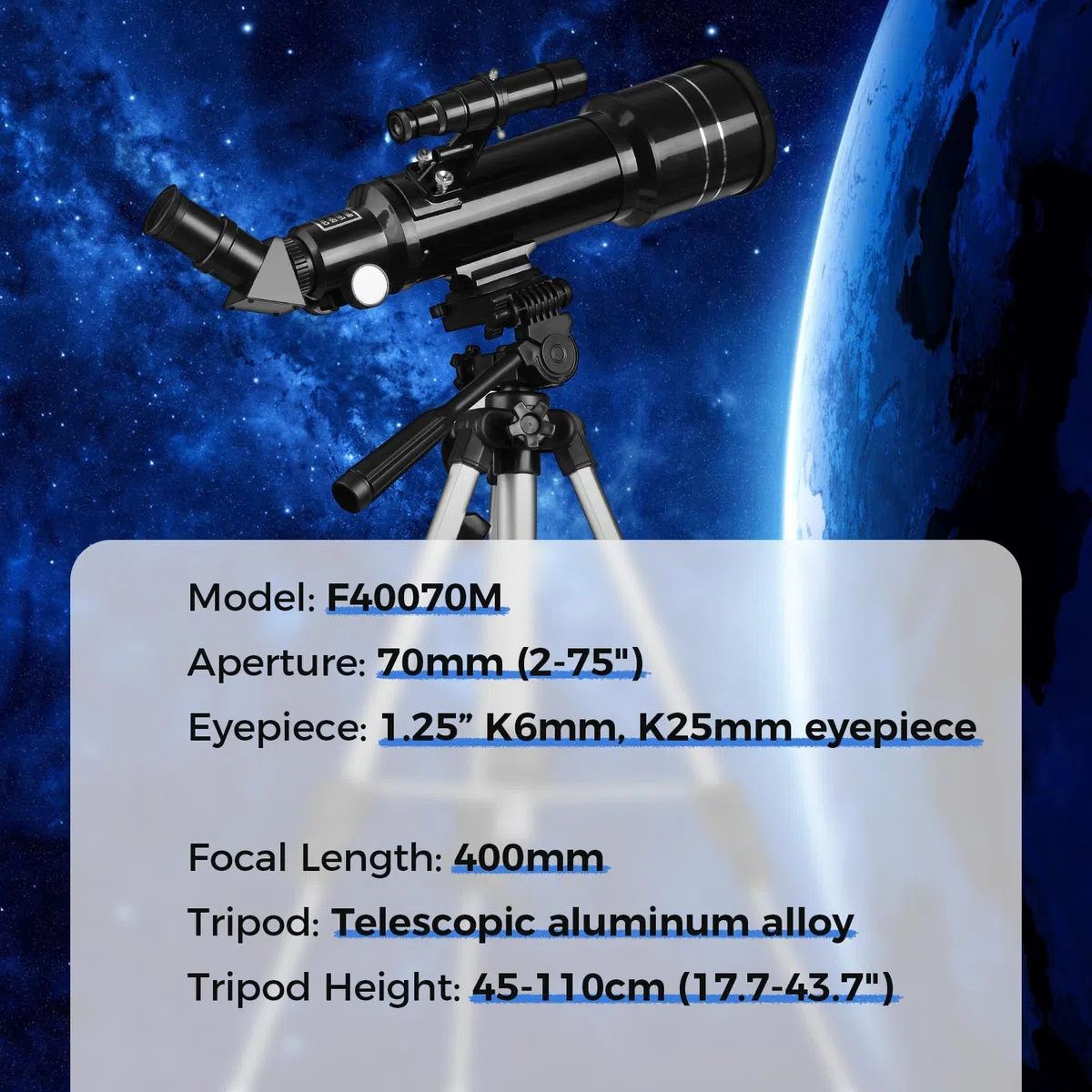 Telescopio de 70/400 mm, Ocular Kellner 6 y 25 mm, para Principiante y Niño, con Trípode Ajustable en Altura para Observar Luna y Planetas
