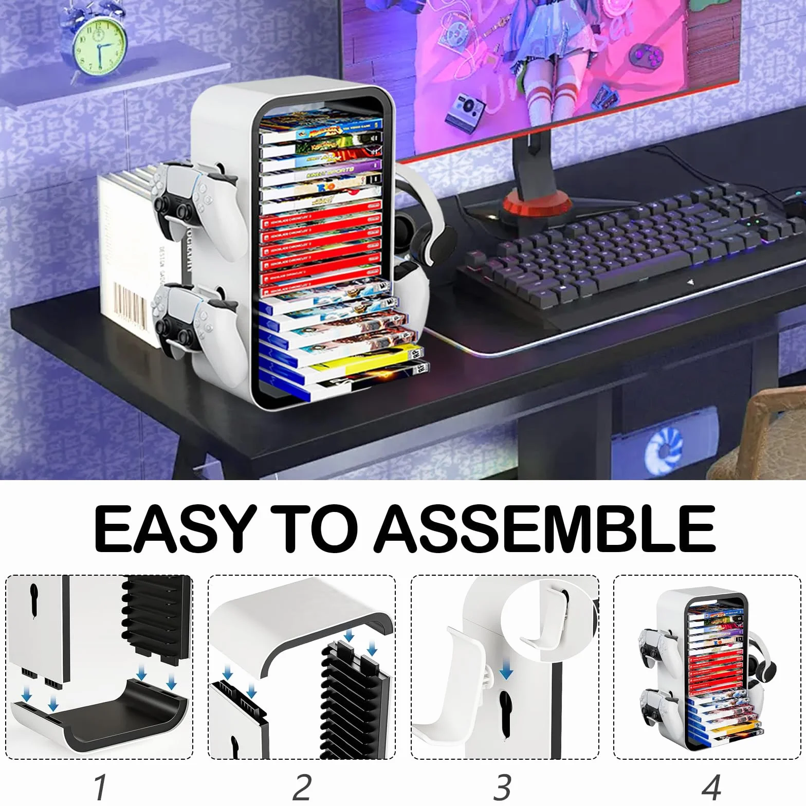 Soporte para Discos de Juego, Torre de Almacenamiento de Juegos Compatible con P5 Xbox Series S Y X Soporte de Torre de Almacenamiento de Juegos para 18 Discos Juego con 4 Soportes para Controladores
