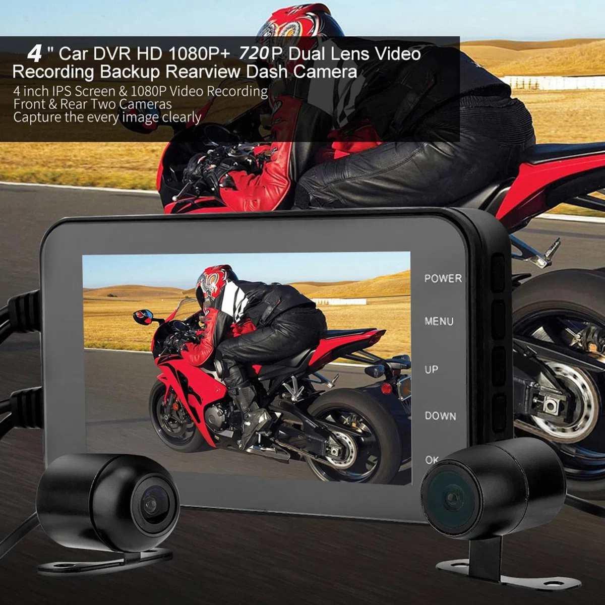 Dash CAM Motocicleta, 1080P, 4in, Pantalla Táctil, Resistente al Agua, WiFi, GPS, Sensor G, Detección de Movimiento, Grabadora de Video Conducción Cámara Delantera/Trasera, Monitor de Estacionamiento