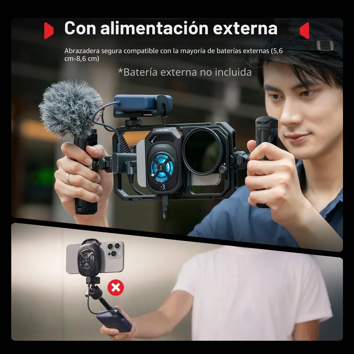 SmallRig Jaula universal Hyper Chill Cooling para iPhone/Android, con enfriador activo de 15 W y adaptador USB-C 2 en 1 y soporte para banco de energía, teléfonos compatibles de 2.5 a 3.1 pulgadas