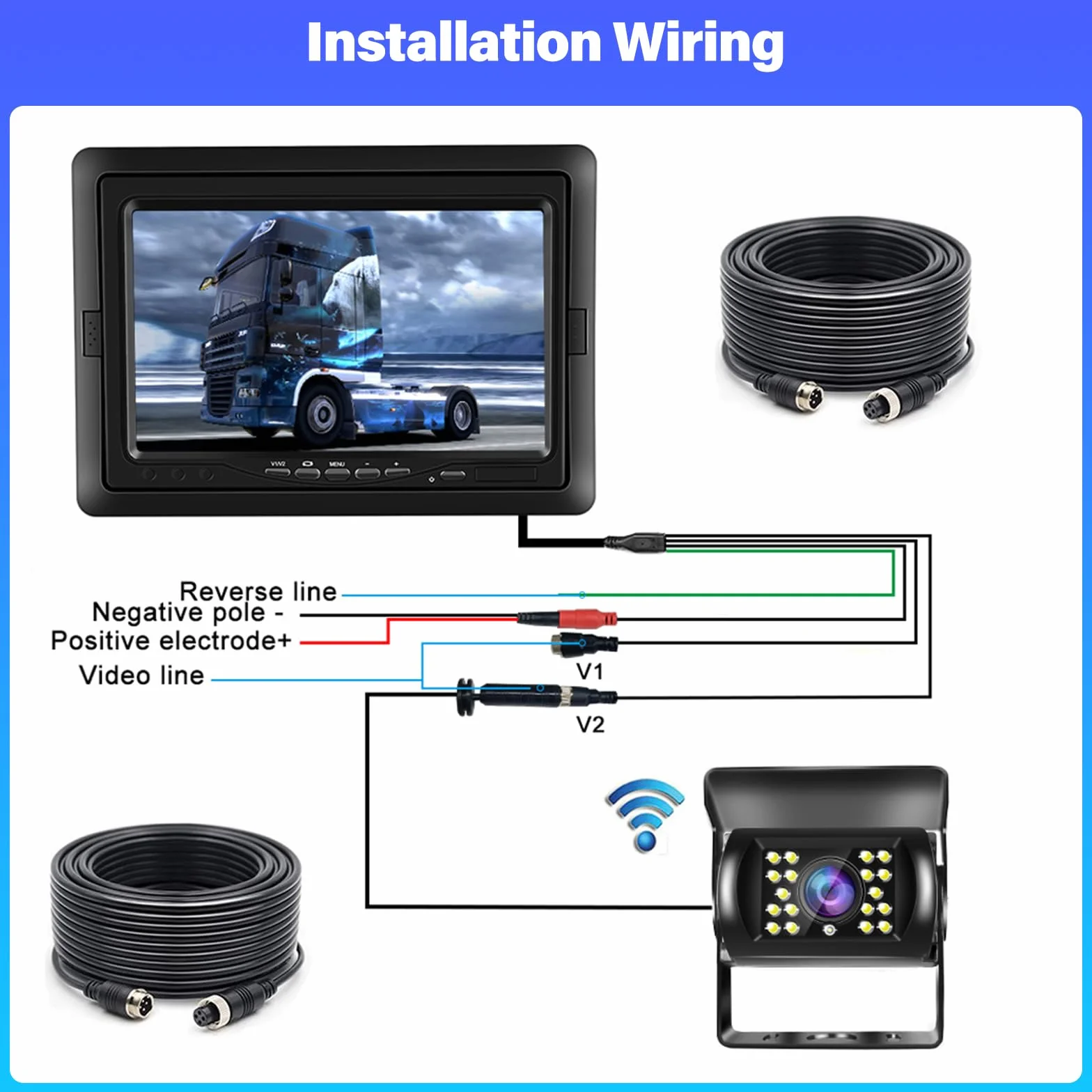 Monitor 7 Pulgadas con Camara Marcha Atras - Monitor de Coche con Soporte de cámara de Marcha atrás IP67 Impermeable 18IR visión Nocturna - 2 Cámaras retrovisoras+2 Cables para camión/autobús/Tractor