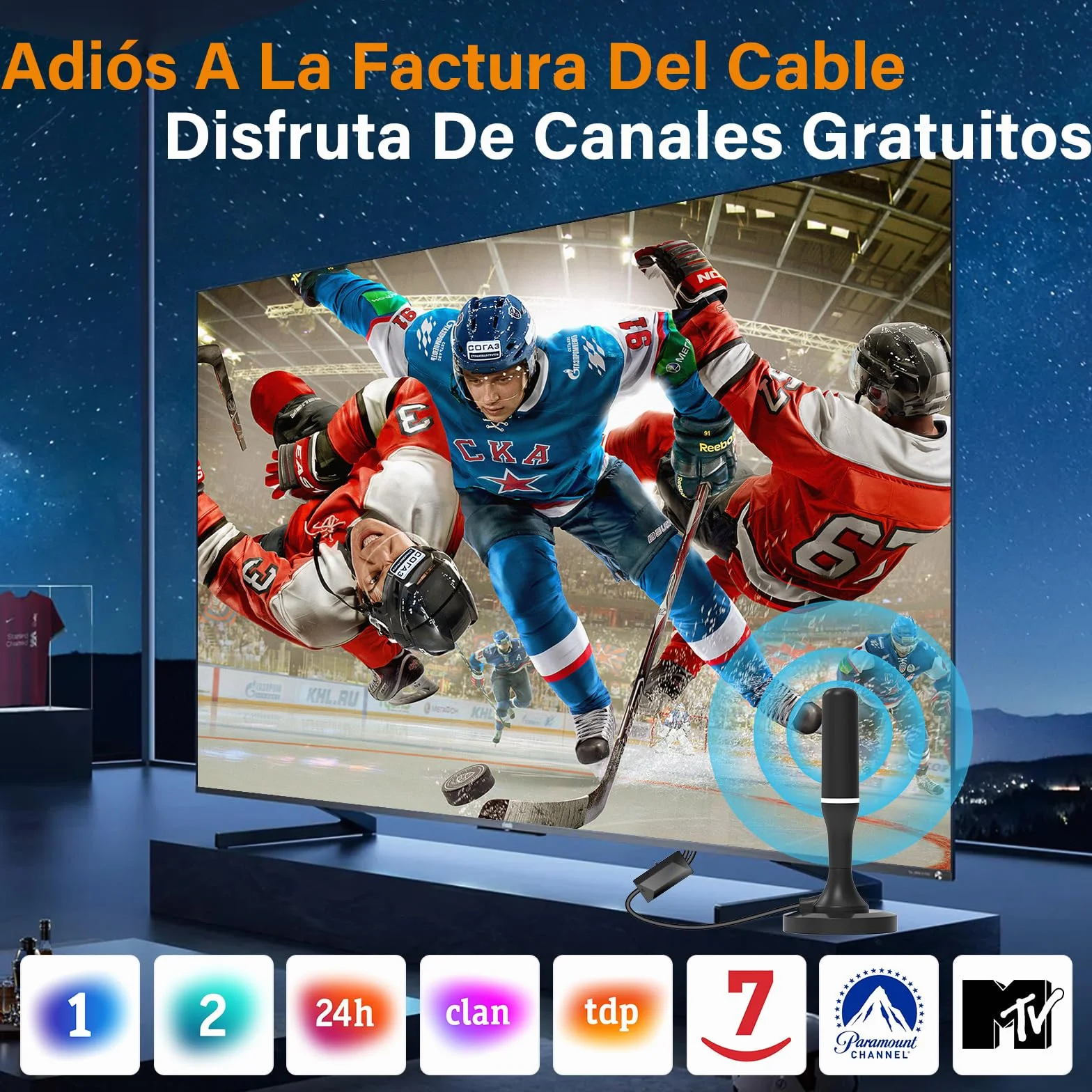 Antena TV Interior Potente HD, Amplificador Ajustable, Recepción 360°, Base Magnética, 4K/1080p VHF/UHF DVB-T/T2