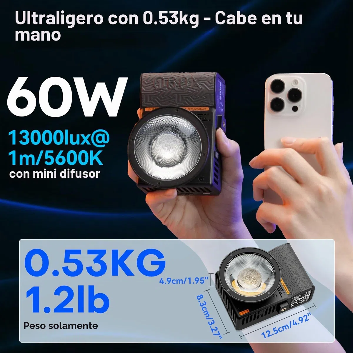 SIRUI C60X Luz Portátil para Fotografía 60W, Diseño Compacto de 0.53KG y Ultra-Silencioso 24.9dB, Carga Rápida 2H, Salida de 13,000 Lux, Control Bluetooth para Iluminación de Video en Estudio