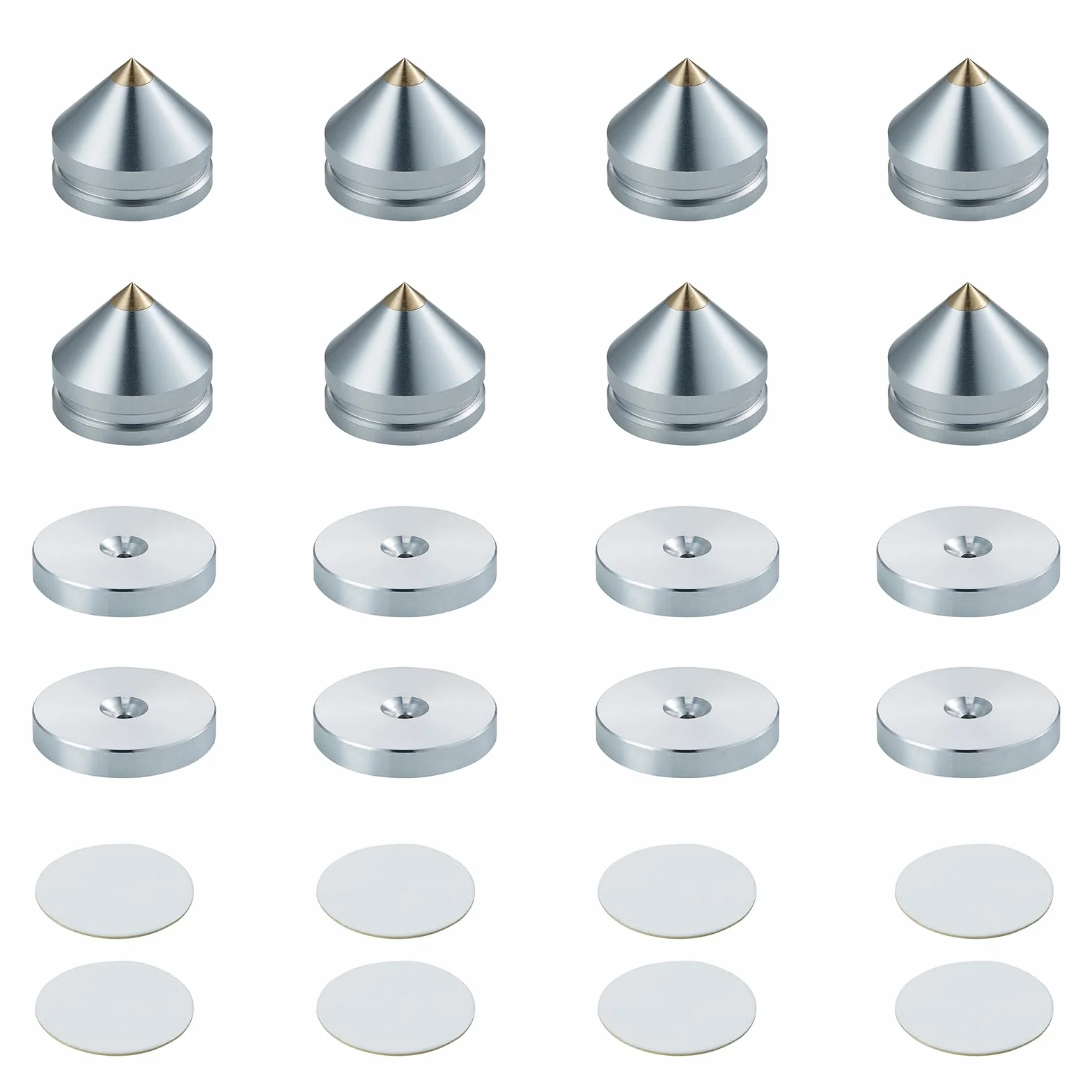 Puntas de desacoplo para Altavoces, Soportes de Altavoz para CD Audio Subwoofer, 8 Piezas Spikes de desacople HiFi con 16x Almohadillas Adhesivas, Plata