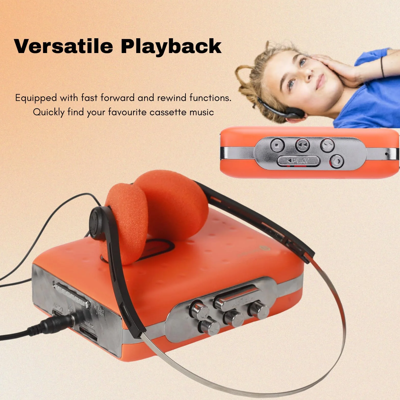 Player Portátil Cassette USB Cassette-TO-MP3 Convertidor con Grabadora de Micrófono Integrado y Enchufe de Auriculares Naranja