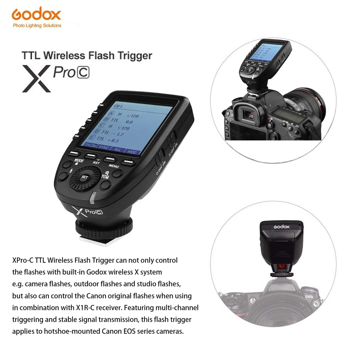 Godox Xpro-C Flash Transmisor Trigger Inalámbrico para Canon Cámara, 2.4G Inalámbrico X Sistema, HSS 1/8000s Pantalla Grande Diseño Inclinado 5 Botones para Canon EOS Cámara