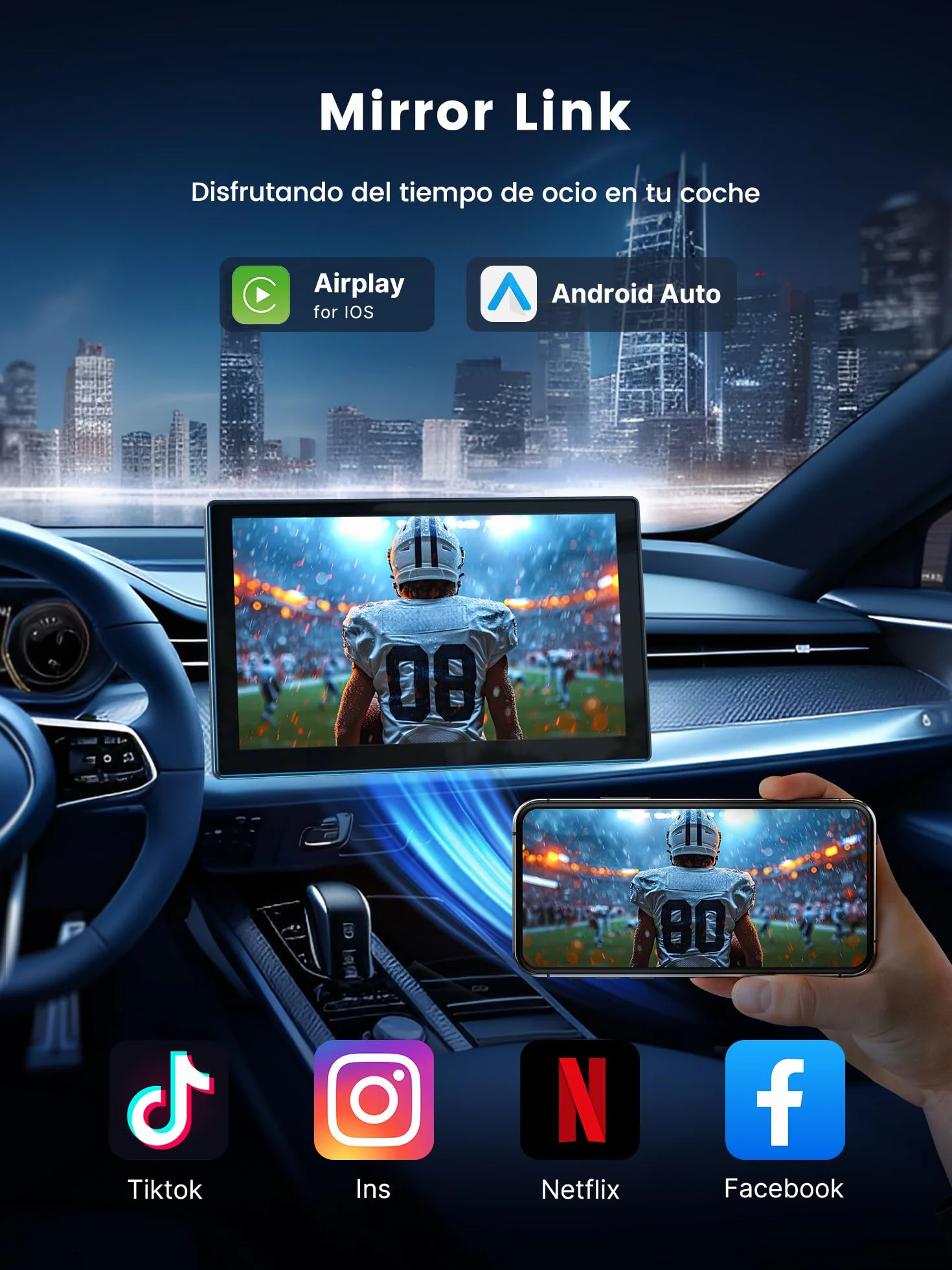 Jzones 9'' Pantalla Carplay Coche, Soporte CarPlay y Android Auto, Dash CAM 4K Integrada y Cámara Trasera 1080P, Navegador GPS/Bluetooth/Control por Voz/Mirror Link/FM, Incluye Tarjeta SD 64GB Gratis