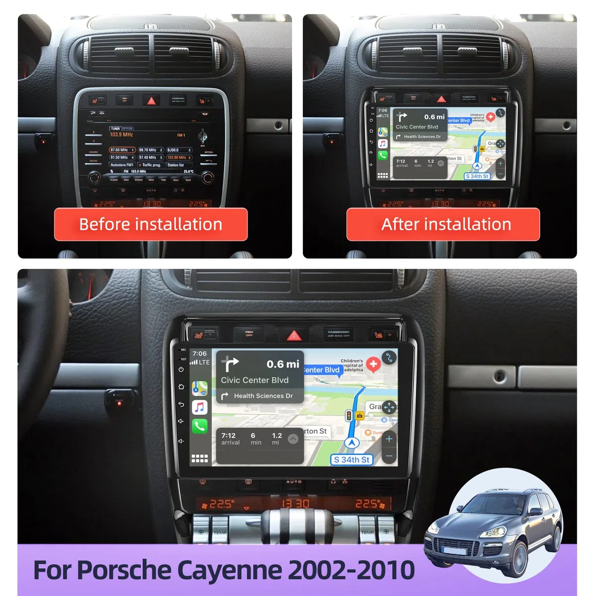 Android 13 Radio Coche para Porsche Cayenne 2002-2010 con Apple Carplay y Android Auto 9inch Pantalla táctil Estéreo de Coche Navegación GPS Hi-Fi + AHD Cámara de Respaldo y micrófono