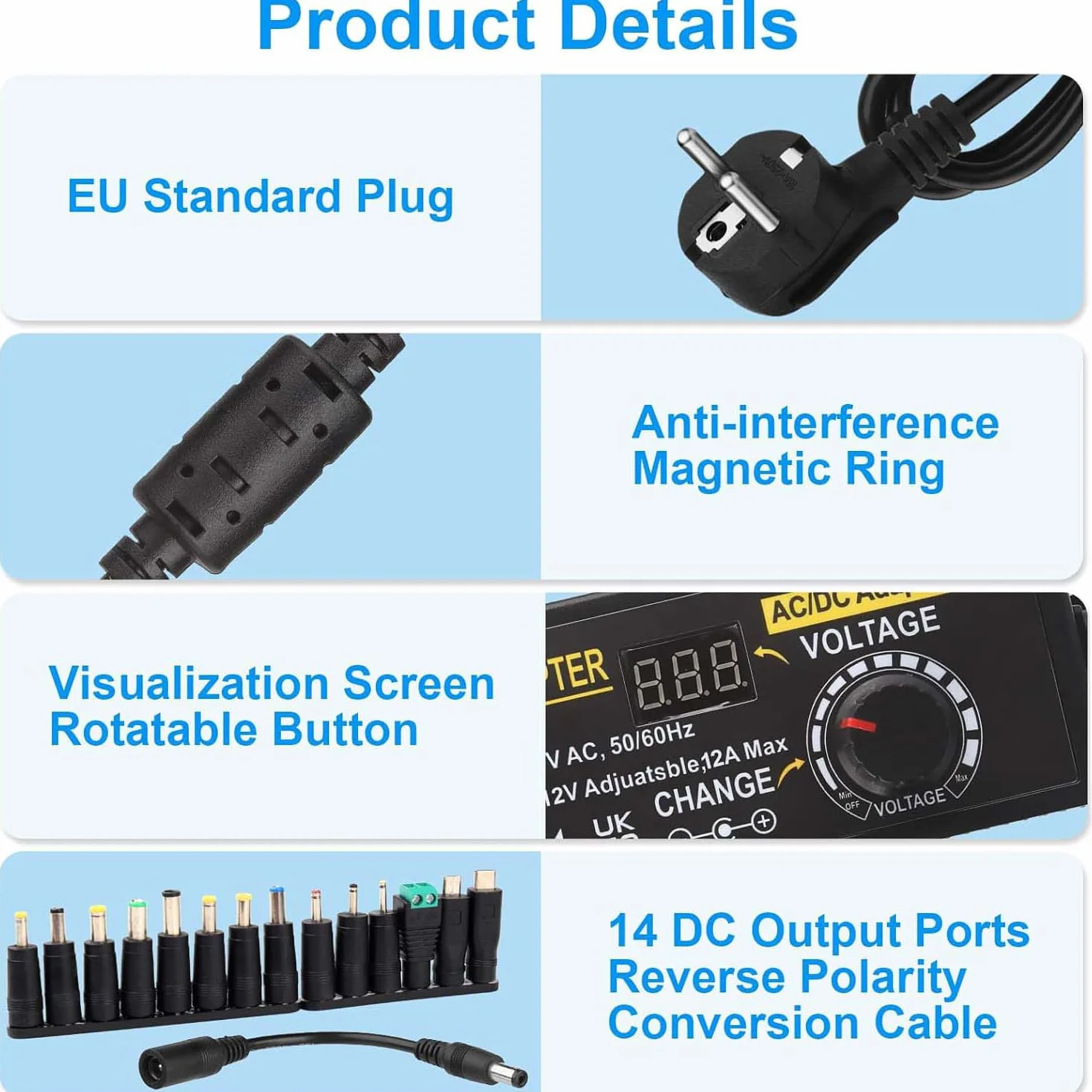 Adaptador Universal Ajustable de 100 V-240 V CA a CC 3 V-12 V 12 A, Adaptador de Corriente Ajustable con 14 Puntas y Cable de Polaridad