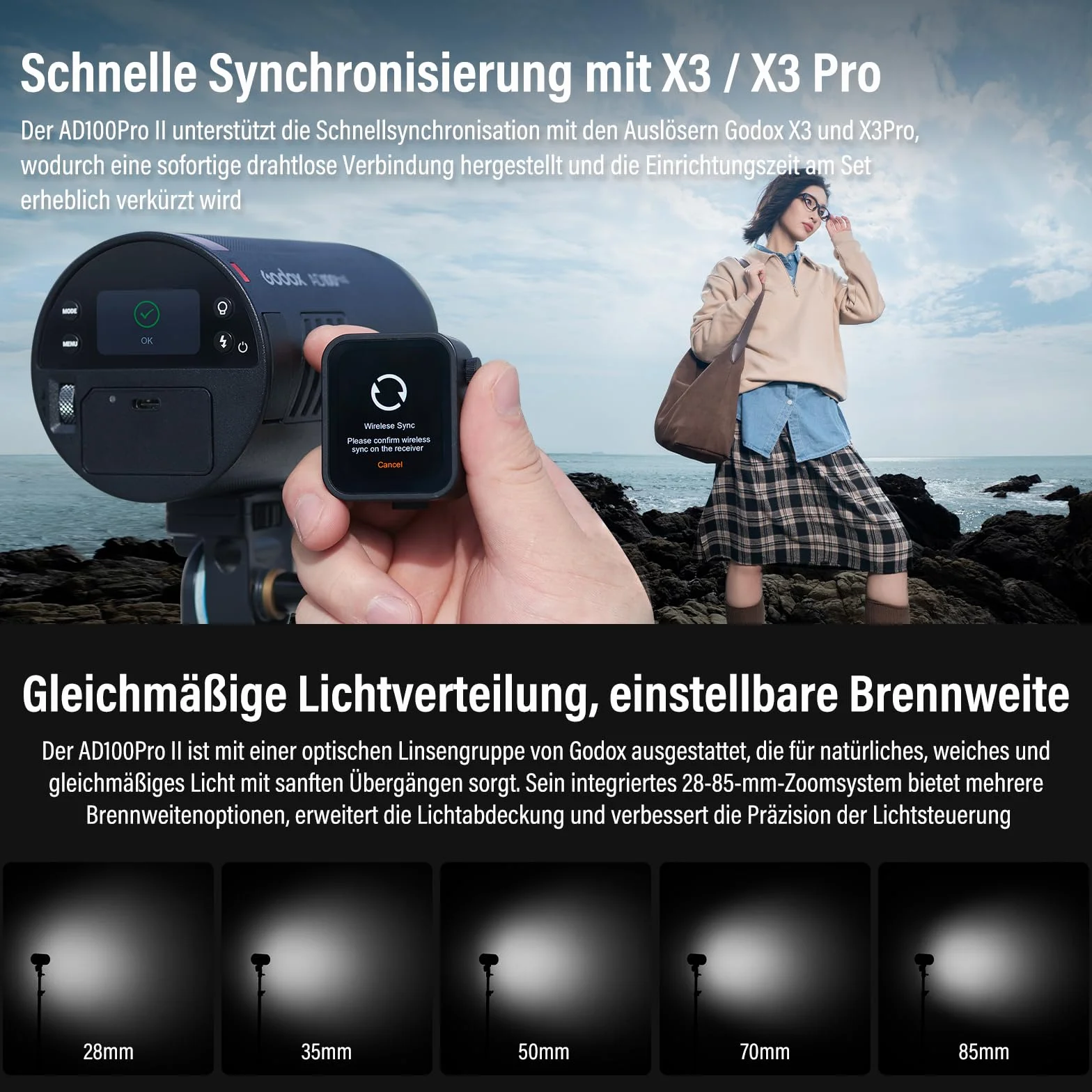 GODOX AD100ProII Flash Kit AD100Pro Upgrade Luz Estroboscópica Fotografía,100Ws 2.4G Inalámbri HSS 1/8000s Flash Exterior,USB-C Recarga,Batería 2850mAh 490 Flashs Potencia Complet,Lámpara Modelado LED