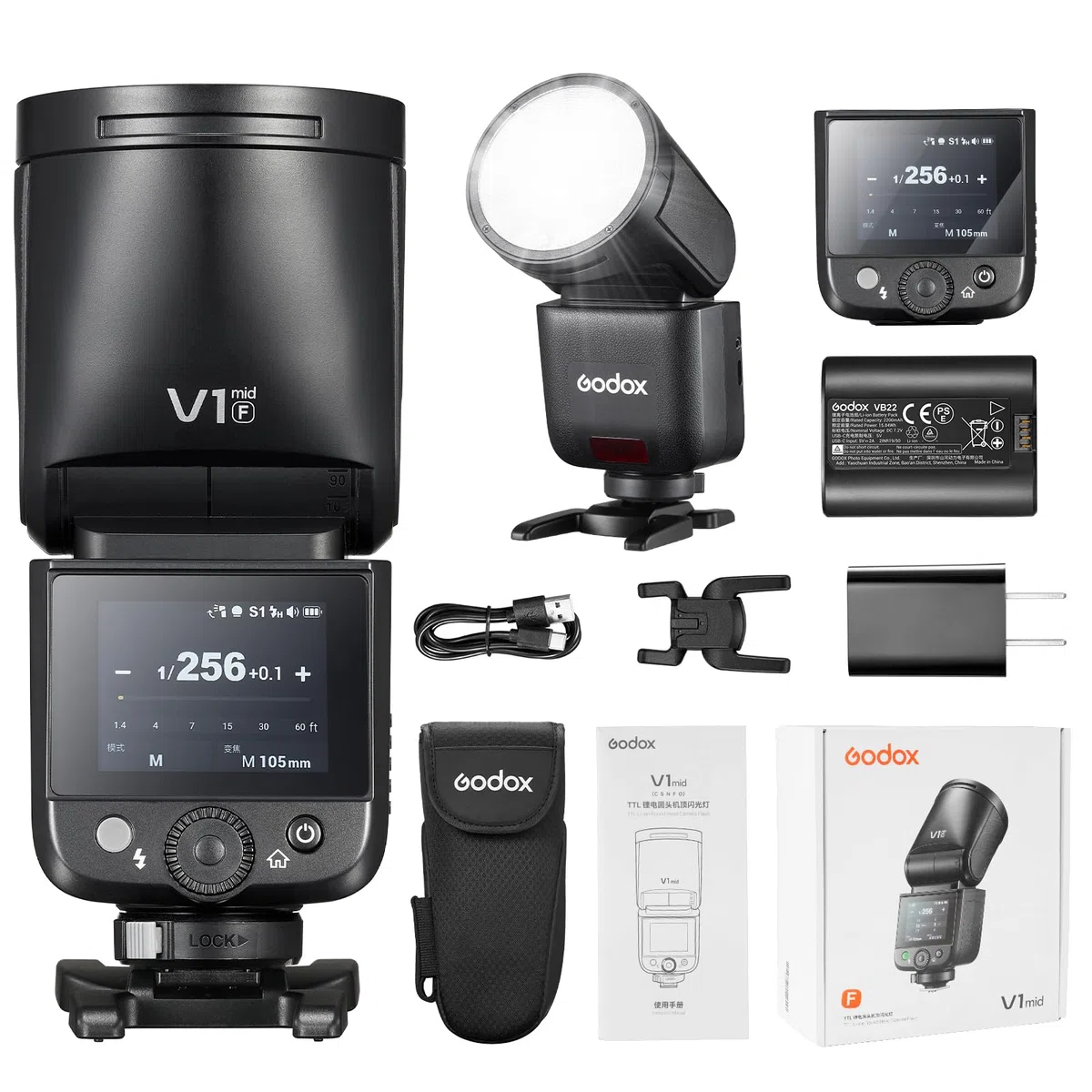 Godox V1 Mid F Flash Speedlite, V1mid-F 55Ws TTL High Speed Cabeza Redonda Speedlight 1,7s Tiempo de carga para fotografía (V1 medio para Fujifilm)
