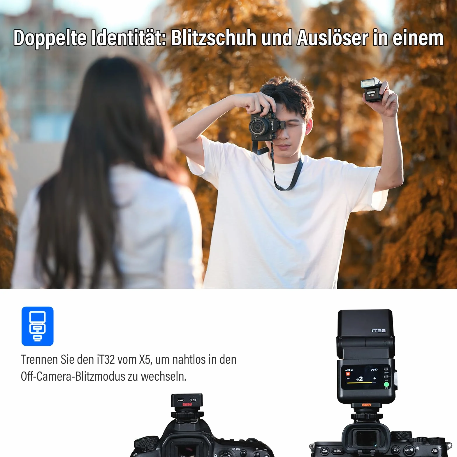 Godox IT32 GN18 Flash TTL X5S Disparador para Sony，2-En-1 HSS Sistema X 2.4GHz Pantalla Táctil，Cabeza De Flash Giratoria Lámpara Led De Modelado，Filtro Magnético Difusor Blanco Reflector Integrado