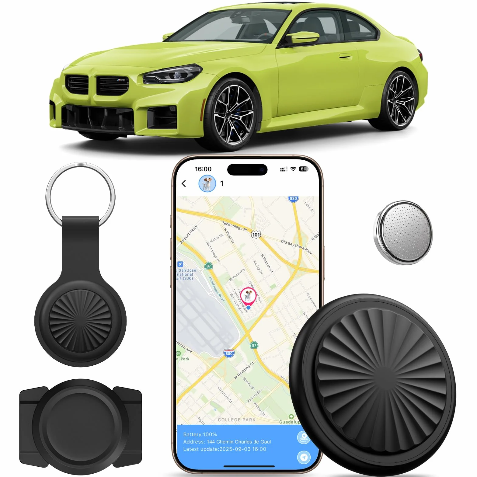GPS Coche Localizador Sin Suscripción,Rastreador GPS para Coche Compatible con iOS e Android,Impermeable IP67,Reproducción de Ruta de 7 Días,Autonomía de 365 Días,Adecuado para Coches/Mascotas/Llaves