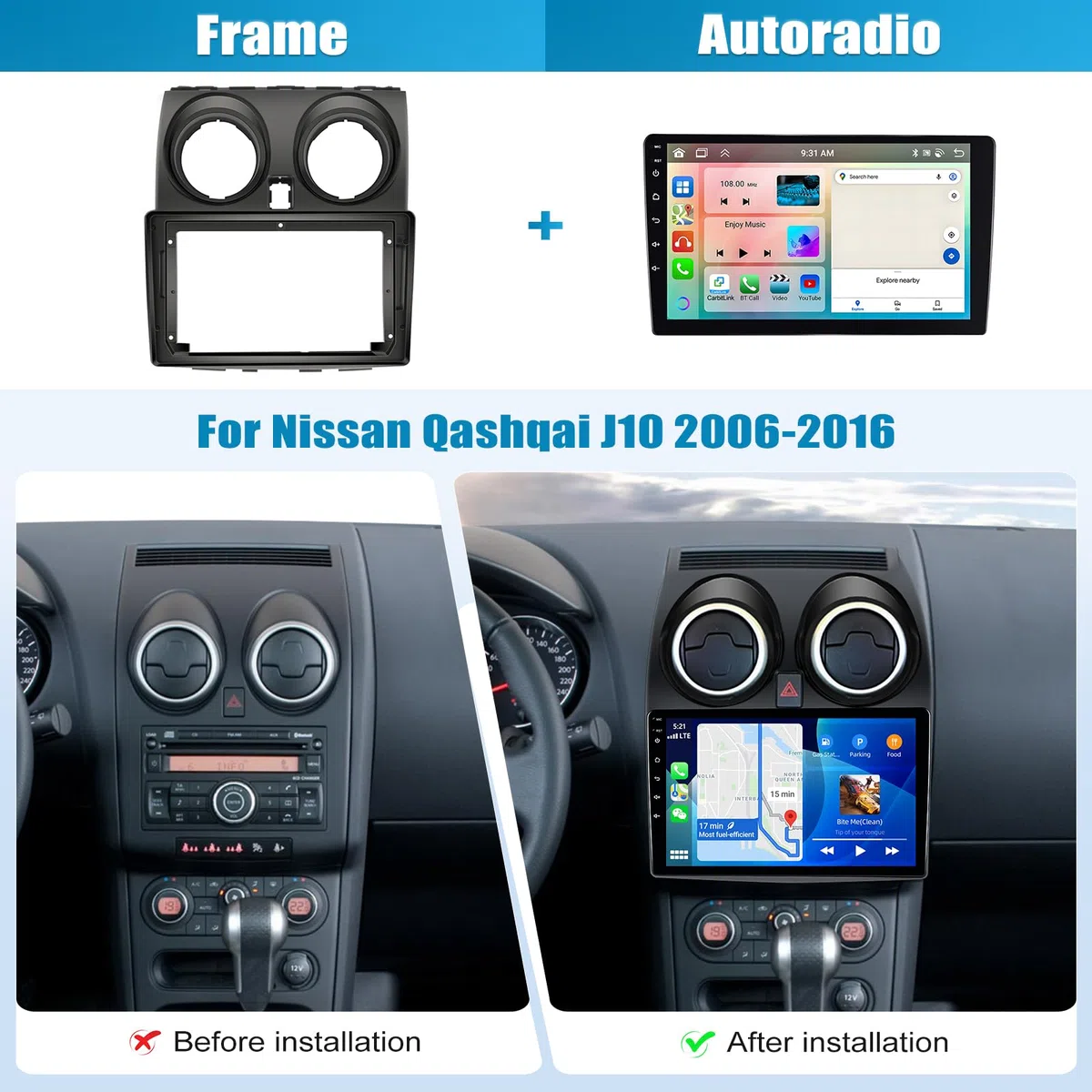 CAMECHO 4+64G Android 15 Autoradio 9 Pulgadas para Nissan Qashqai 2006-2016 con GPS WiFi, Inalámbrico Carplay Bluetoot Navi Radio HD Pantalla con Android Auto FM RDS EQ Espejo Enlace + Cámara Trasera