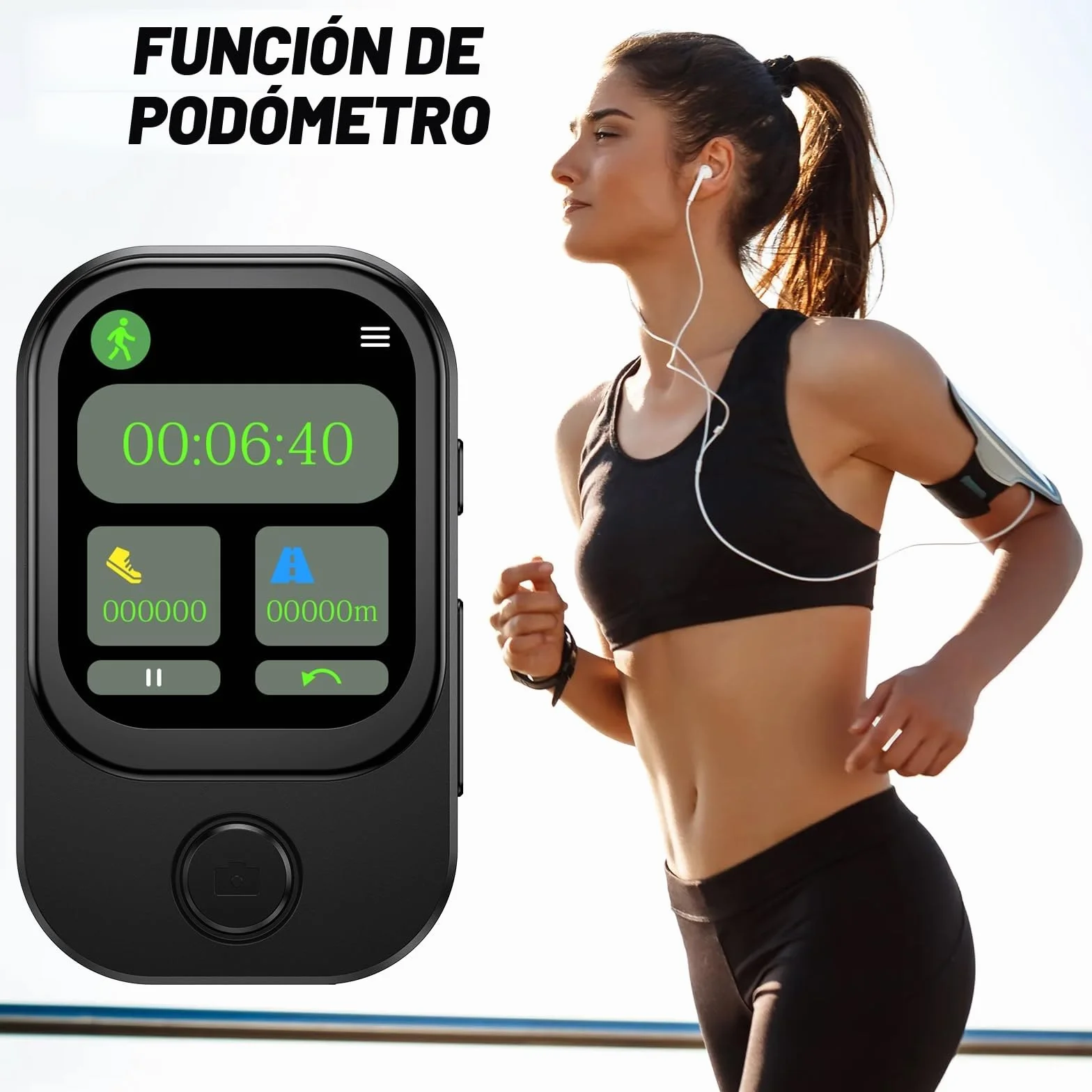 Reproductor MP3 Bluetooth 5.4 64GB Cámara Abatible 180° Altavoz HD Radio FM eBook Negro