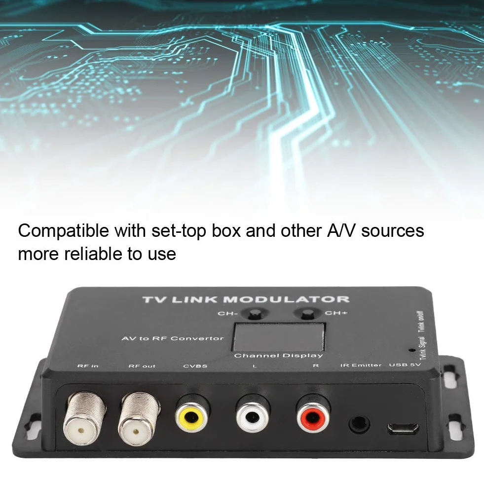 Convertidor AV a RF, Mini TV Link Modulator IR Extender, Modulador UHF con Nivel de Salida de Audio/Video Ajustable, Compatible con decodificador, Fuentes de A/V