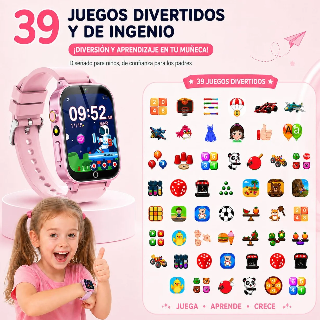 Reloj Inteligente Niño Niña 3-15 Años, 39 Juegos, Modo Deportivo, 100+ Tarjetas de Aprendizaje, Audiolibros, Modo Escuela, Cámara, MP3, Podómetro, Alarma, Linterna, Regalo Educativo para Niños y Niñas