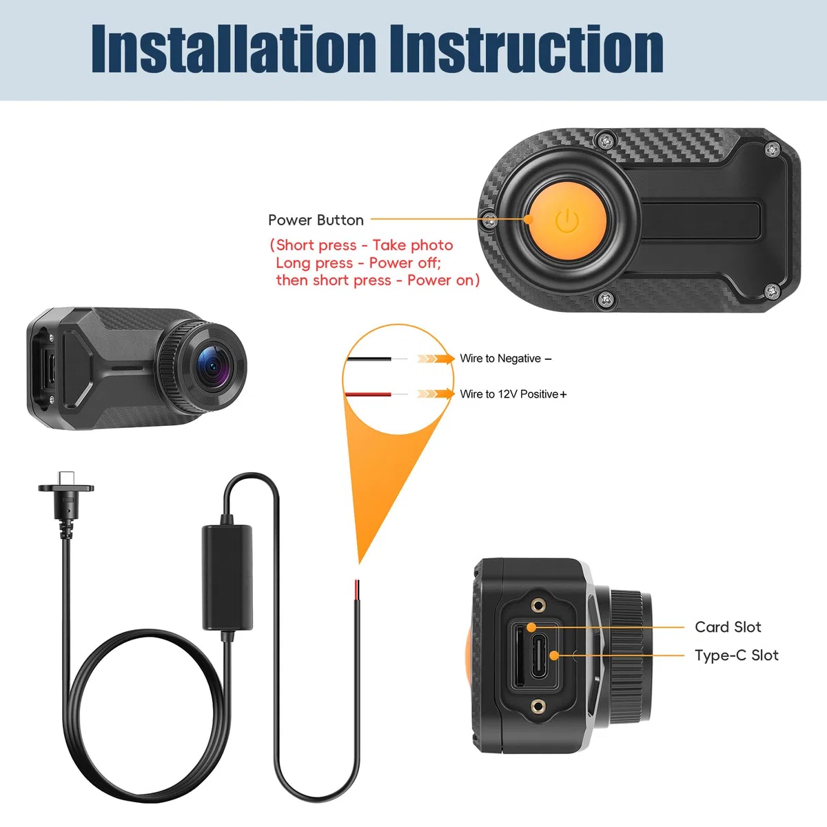 CAMECHO Mini Dashcam para Moto 1080P Cámara IP66 Frontal Impermeable Sin Pantalla, Gran Angular de 110°, Visión Nocturna, Aplicación WiFi, Grabación en Bucle, 7 * 4 * 3,2 cm