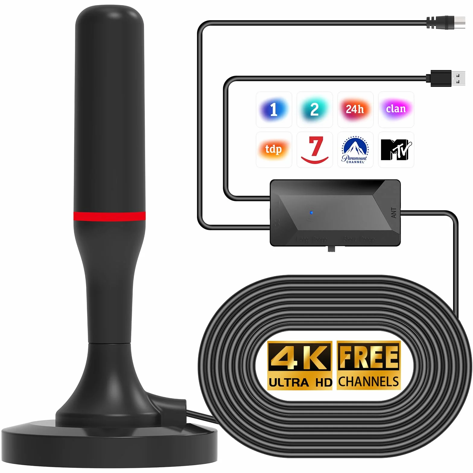 Antena TV Interior Potente con Base Magnética 500 km 360° 4K/1080p/VHF/UHF DVB-T/T2