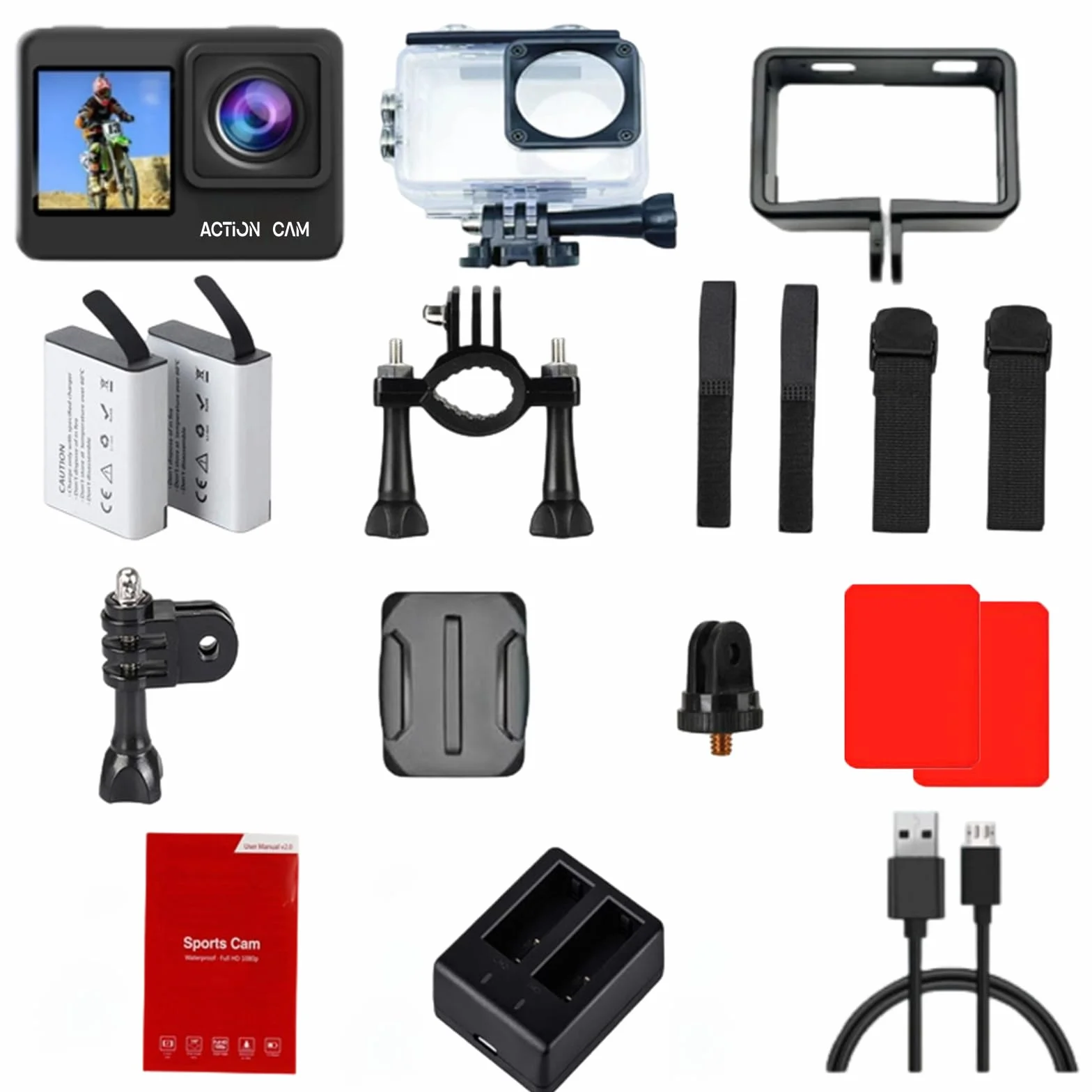 Camara Acuatica FHD 1080P, Cámara Subacuática Resistente al Agua hasta 40 m, Cámara Deportiva de Doble Pantalla con 2 baterías Recargables de 1050 mAh y Juego de Accesorios