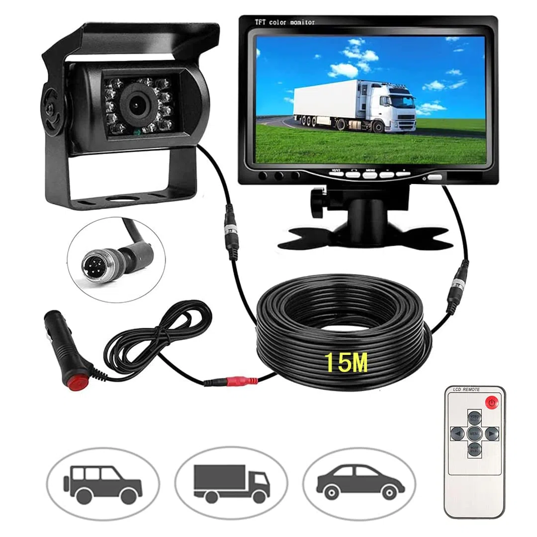 Cámara Trasera de Coche de señal HD, Monitor de 7" y Camara de Marcha Atras Impermeable Visión Nocturna, 170 ° Ajuste Gran Angular para RV Bus Remolque Camión Furgoneta