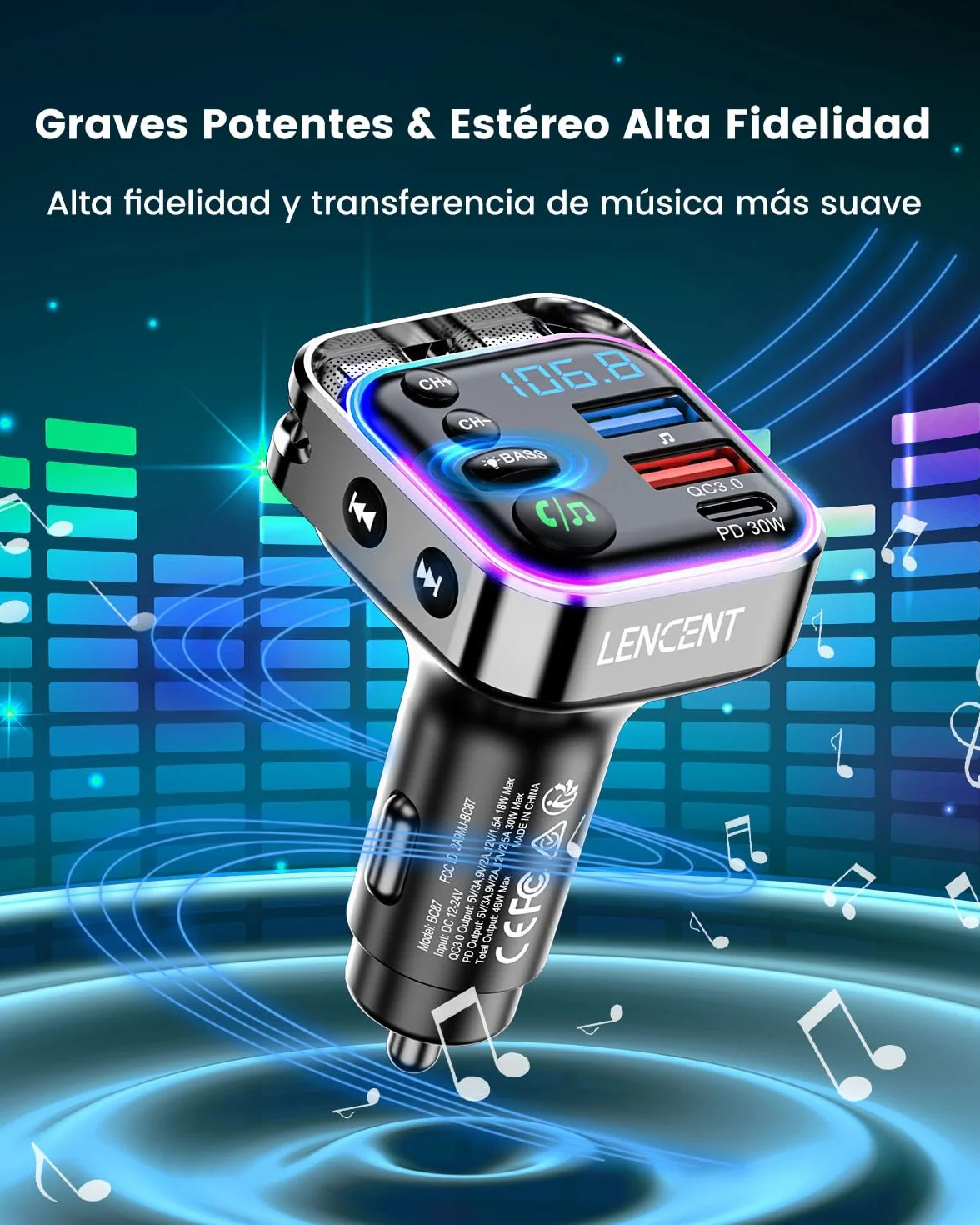 LENCENT Transmisor FM Bluetooth 5.3 Adaptador Coche Carga Rápida PD 30W QC3.0 Música Alta Fidelidad Manos Libres