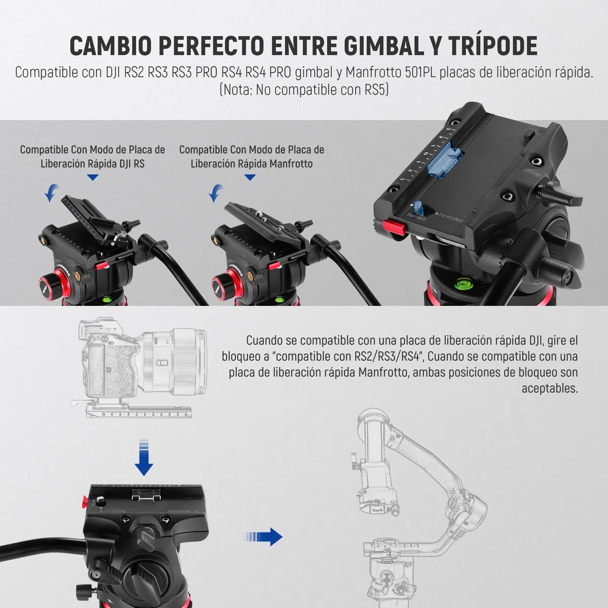 NEEWER Cabezal Fluido para Trípode de Video Resistente con Amortiguación, Placa de Liberación Rápida, Compatible con dji RS Gimbals, Mango Ajustable, Base de ⌀75mm, Carga Máxima 10kg, GM006