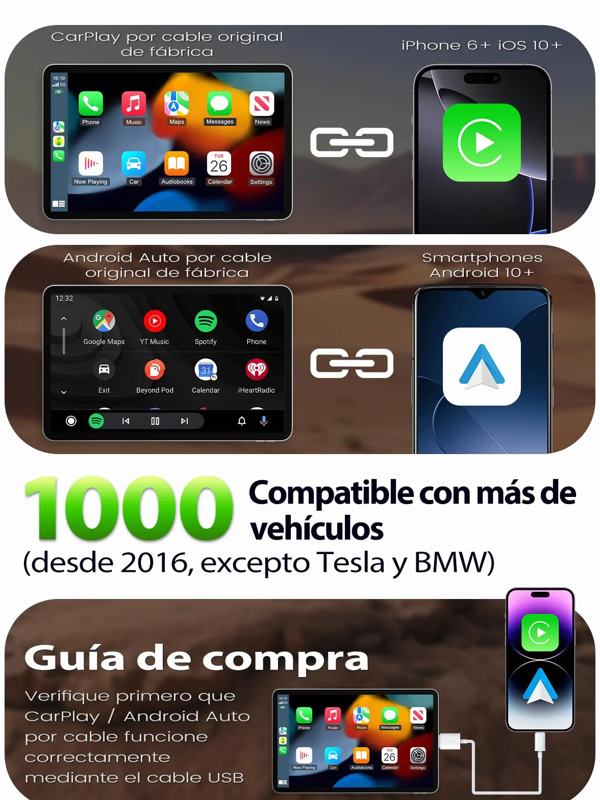 Adaptador CarPlay Inalámbrico - Cambio entre 2 Móviles con Botón, Android Auto Inalámbrico, Ultra Mini, Conexión Estable sin Sobrecalentamiento, Compatible con iPhone (iOS 10+) y Android 10+, USB-A/C
