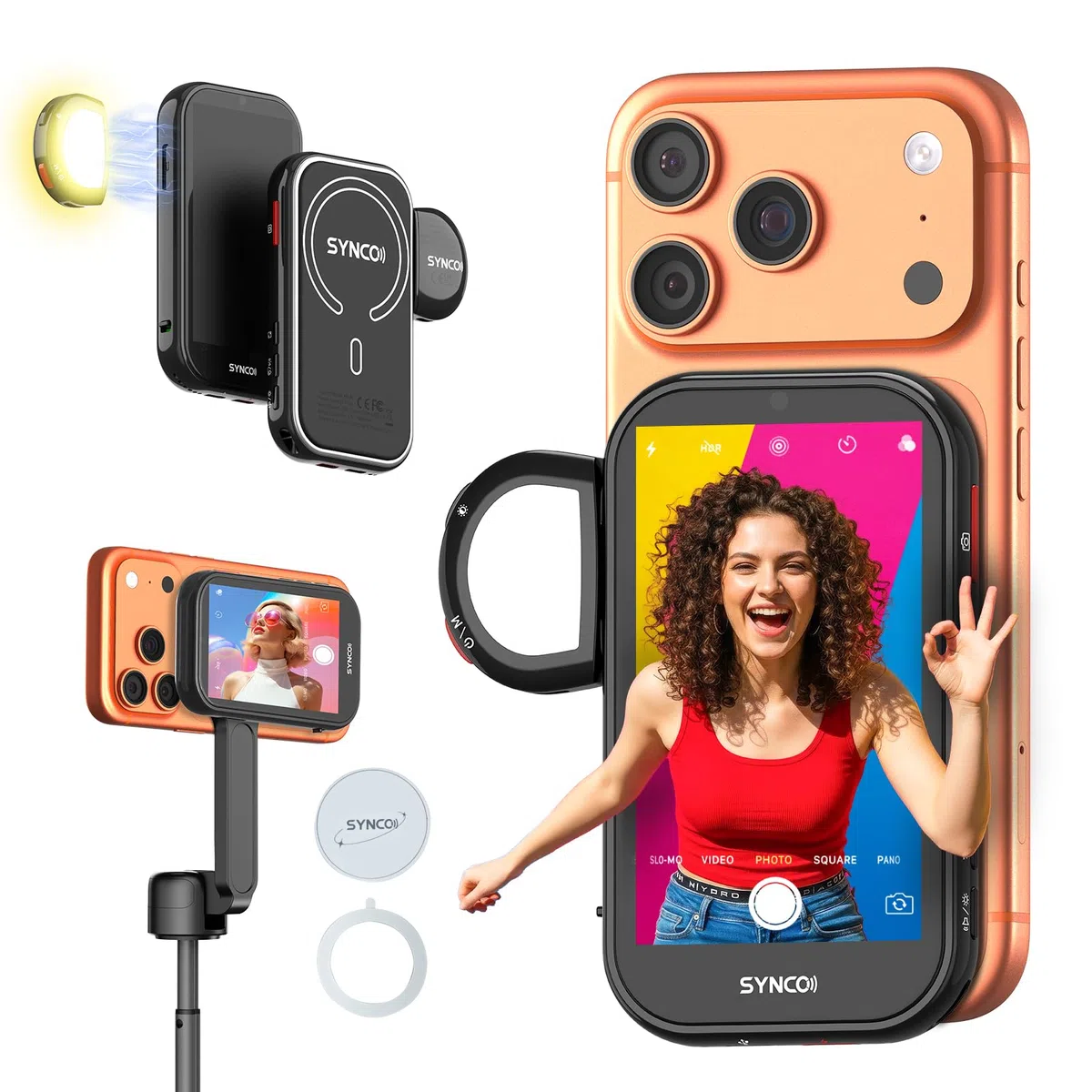 SYNCO XView M4 AI Pantalla Monitor Selfie con Luz Magnética para iPhone y Android, Control por Gestos, 4K sin latencia, Selfie Cámara Trasera, Batería 3h, para Youtube TikTok (Negro)