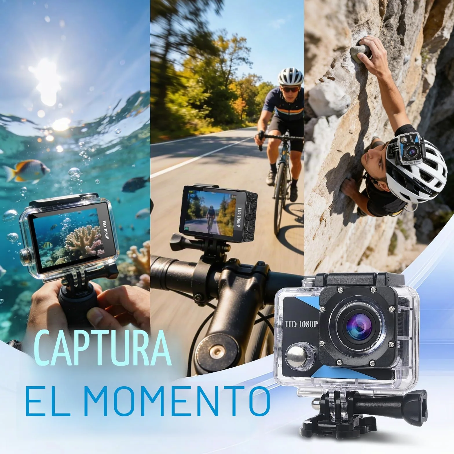 Cámara Deportiva 1080P Avec Carte Mémoire 32GB, 12MP Cámara de acción con Gran Angula Lente, Cámara Subacuática Impermeable 30M/98FT con 2 Baterías y Accesorios Kit para Casco y Bicicleta, etc.