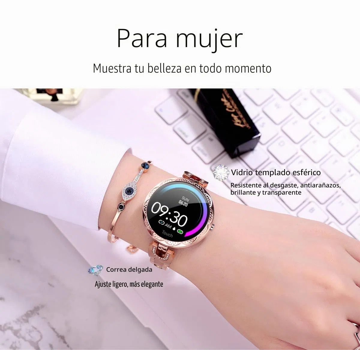 LONGLU Reloj Inteligente para Mujer, Bluetooth smartwatch Compatible con iOS Android iPhone Samsung Fitness Tracker con frecuencia cardíaca Presión Arterial Impermeable podómetro Sleep (Dorado)