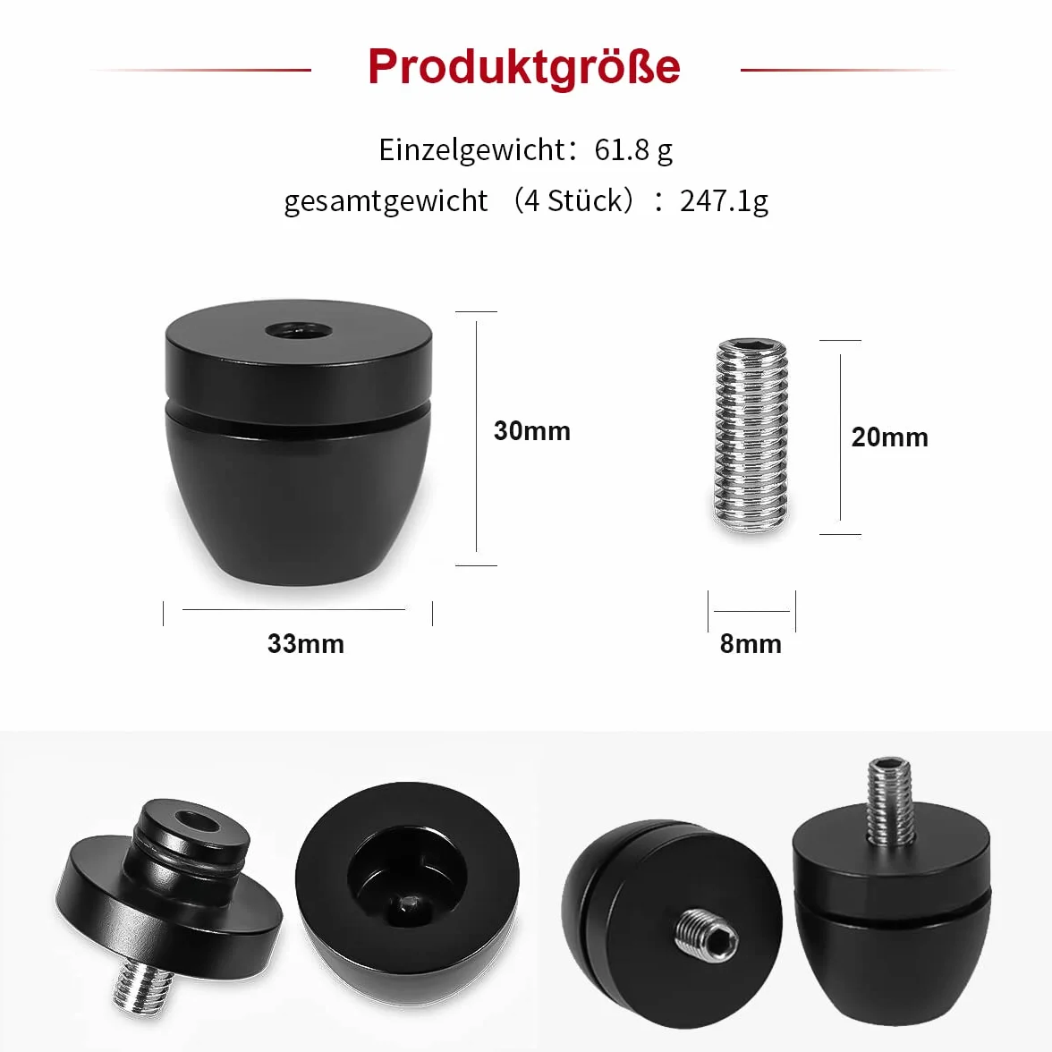 Tertullus 4 Pies para Altavoces Negros, Amortiguadores de Aluminio, Pies Absorbentes