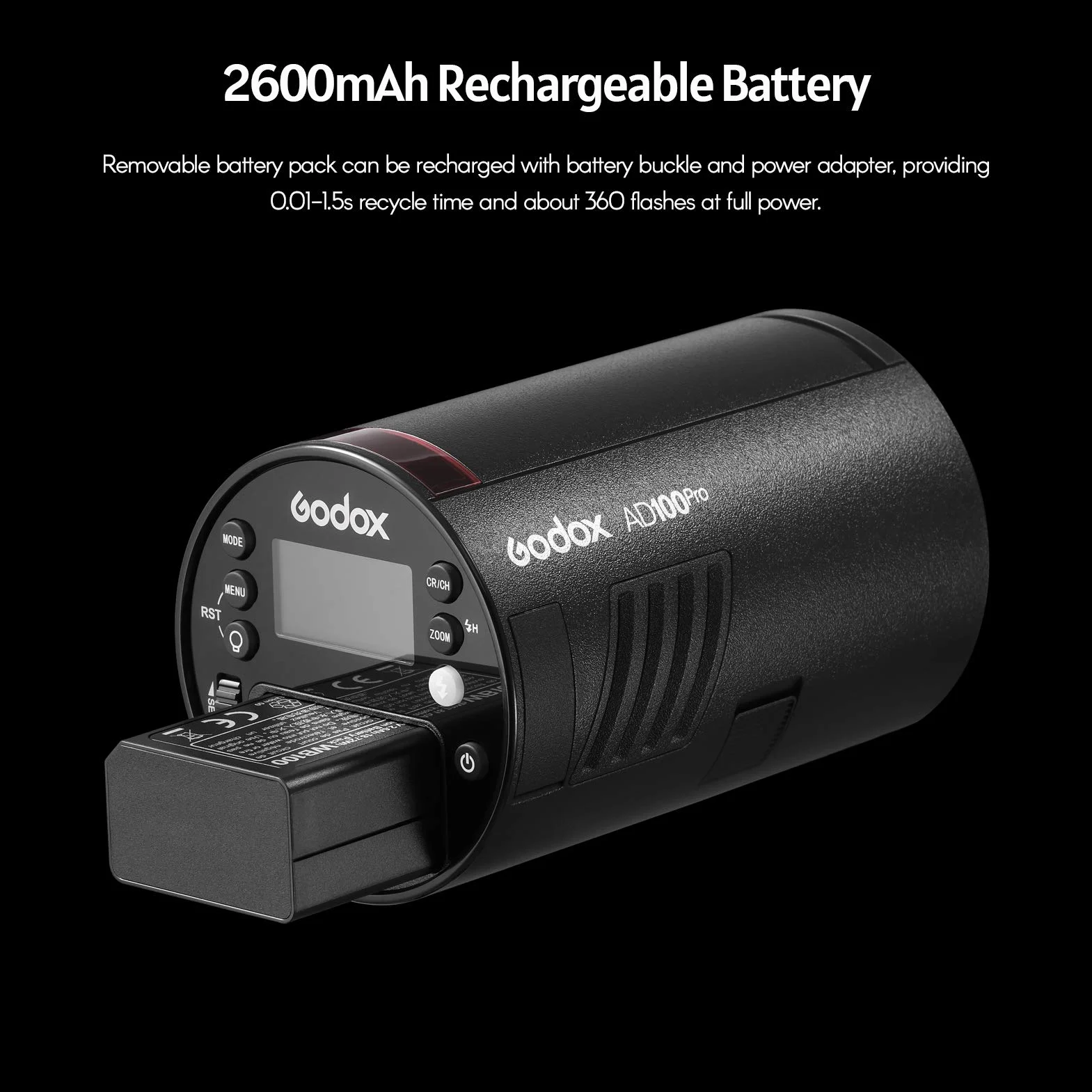 Godox AD100Pro Flash inalámbrico 2.4G con Pantalla OLED, 5800K, 1/8000s, sincronización TTL/Multi/M, con batería de 2600 mAh para Canon, Nikon, Sony, Olympus, Panasonic, Pentax (Negro)