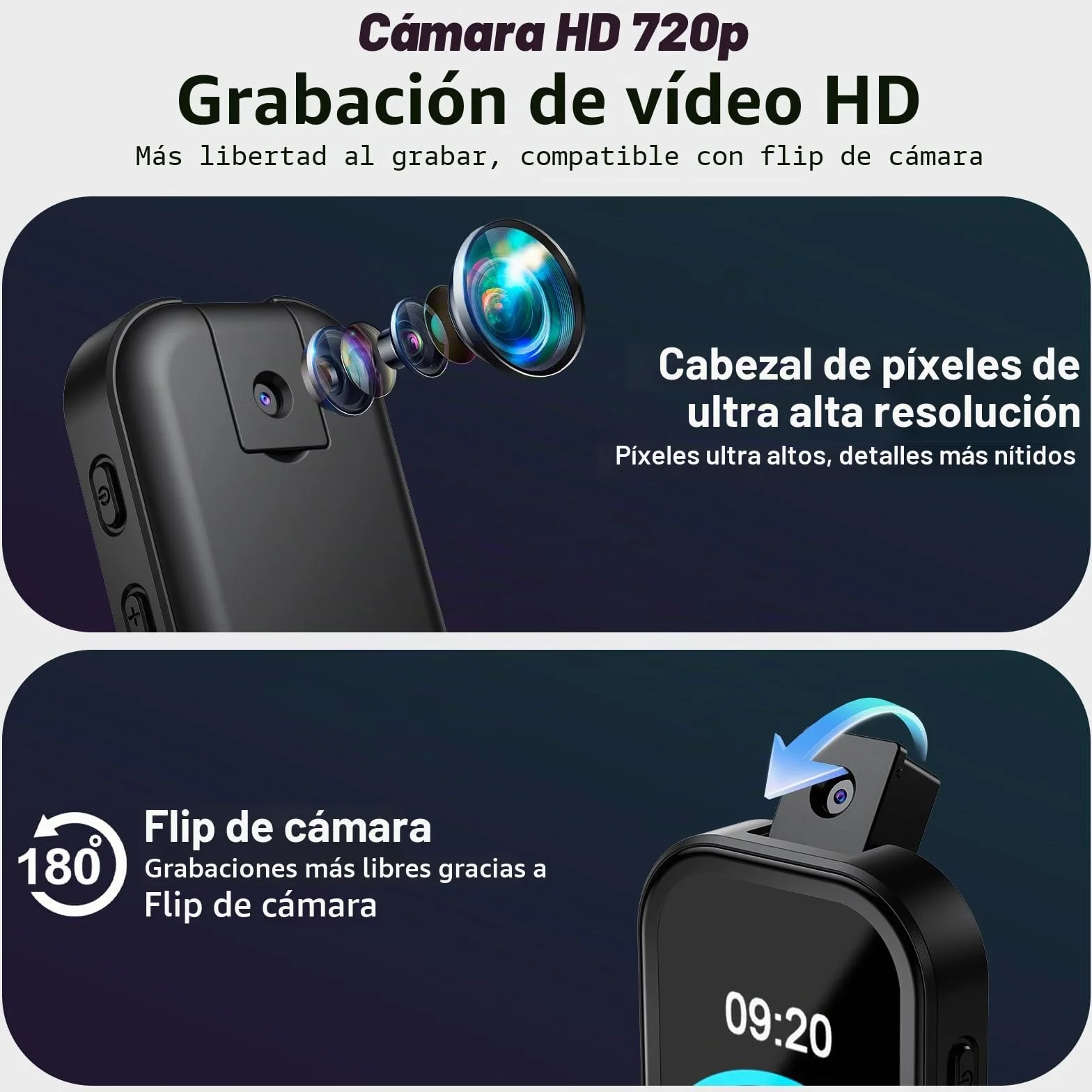 Reproductor MP3 Bluetooth 5.4 64GB Cámara Abatible 180° Altavoz HD Radio FM eBook Negro