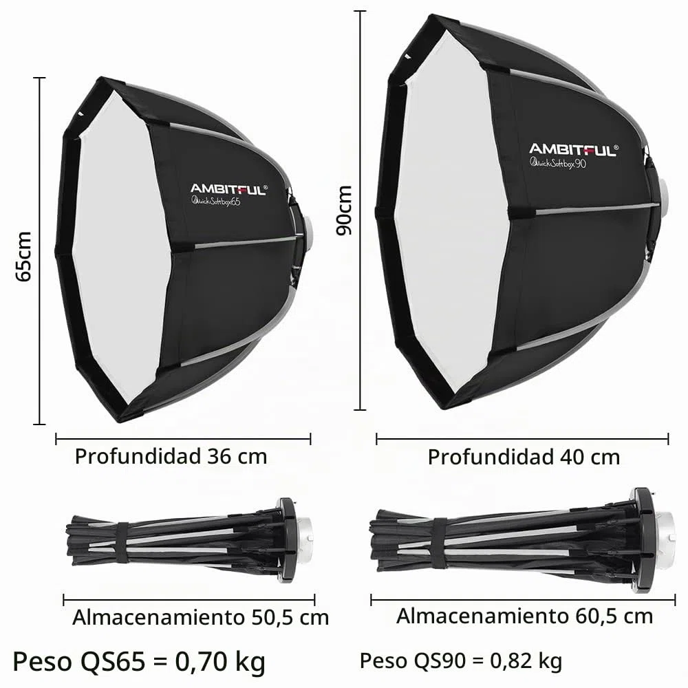 AMBITFUL Softbox con Montaje Bowens de instalación rápida + Rejilla de Nido de Abeja para Estudio fotográfico estroboscópico al Aire Libre (Octogonal de 90 cm)