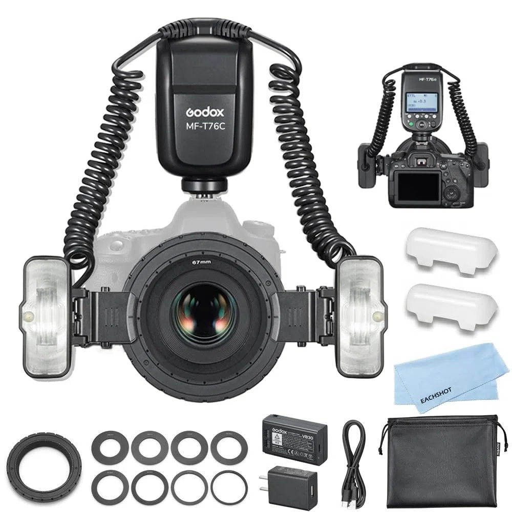 Godox MF-T76 C para Canon, Flash Macro Twin Lite de Doble Cabezal, TTL HSS 2.4G Inalámbrico, Sincronización de Alta Velocidad 1/8000s con Luces de Modelado, Tiempo de Reciclaje de 1.2s