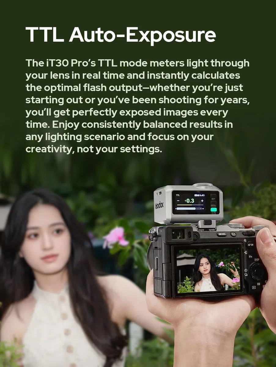 Godox iT30Pro S iT30 Pro S Mini Flash de Cámara para Sony, 2.4GHz TTL HSS 1/8000s, Pantalla táctil a Todo Color, Compatible con ZV-E10 II ZV-E10 ZV-E1 a7IV a7III a7CII a6700 a9III a7RV a6400 (Negro)