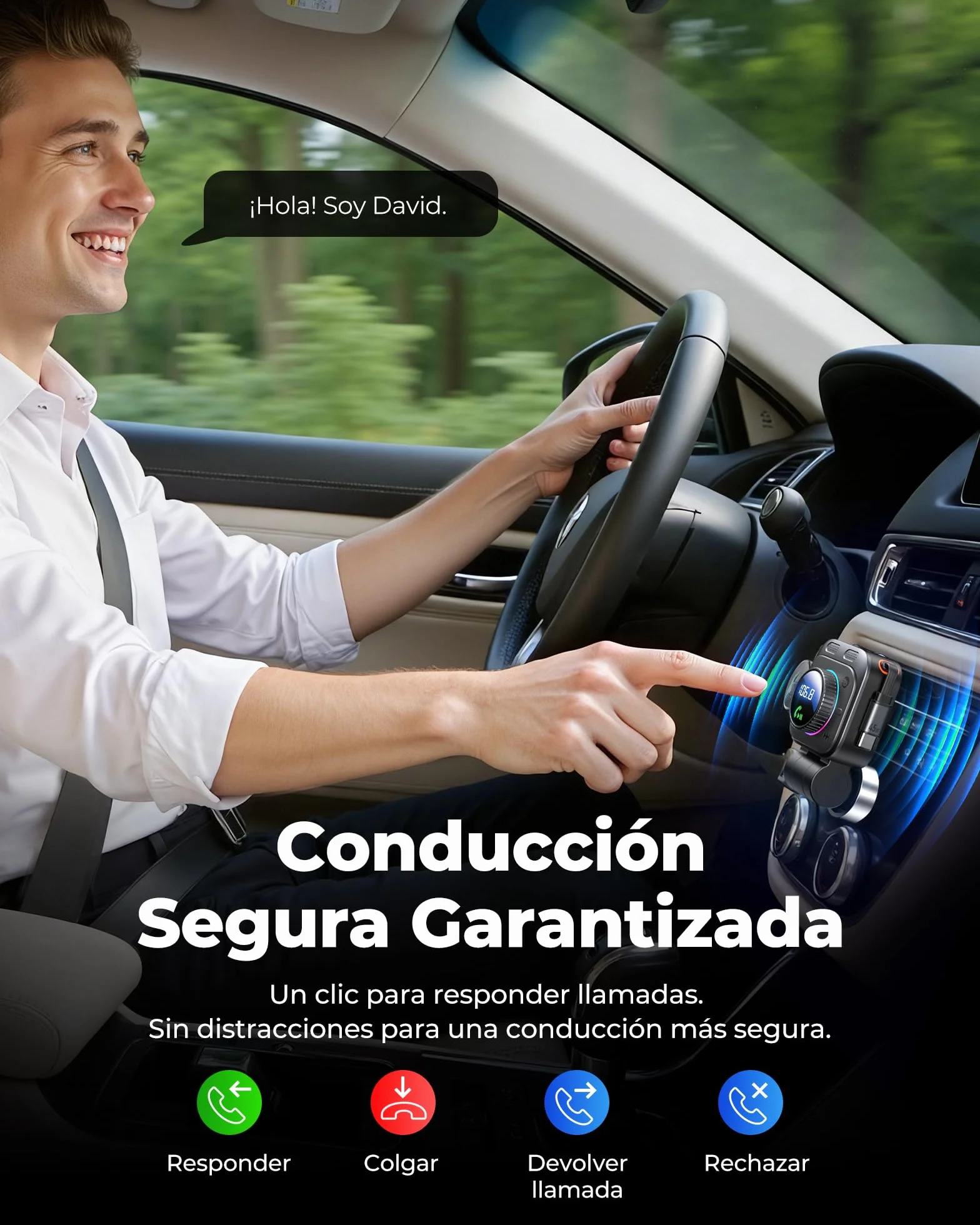 LENCENT Transmisor FM Bluetooth 5.4 con Carga Rápida 72W, Adaptador de Coche con Cable USB-C Extensible de 72 cm, Manos Libres con Graves Potentes, Reproductor de Música USB para Viaje por Carretera