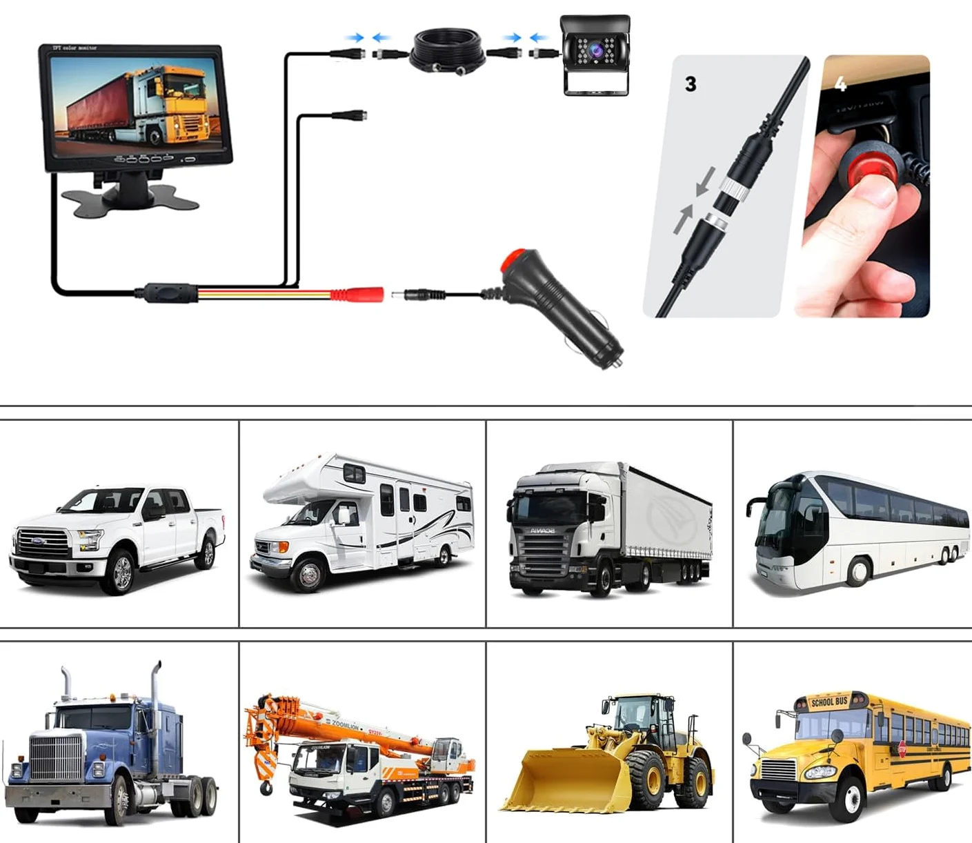 Cámara Trasera de Coche de señal HD, Monitor de 7" y Camara de Marcha Atras Impermeable Visión Nocturna, 170 ° Ajuste Gran Angular para RV Bus Remolque Camión Furgoneta
