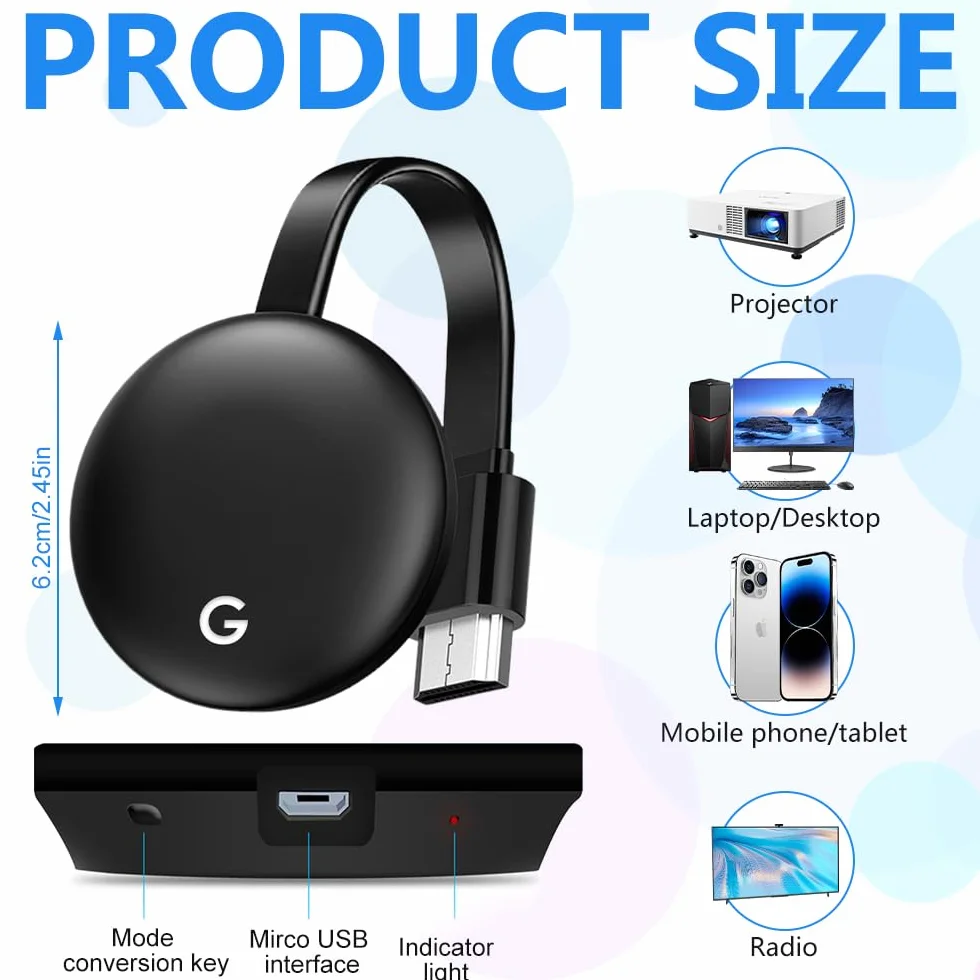 Adaptador Dongle HDMI Inalámbrico 2.4GHz 1080P, Wireless WiFi Display Dongle, Compatible con iOS 8+/ Android 5.0+, Mac/Windows 7+/ Chromecast, TV, Proyector, Monitor