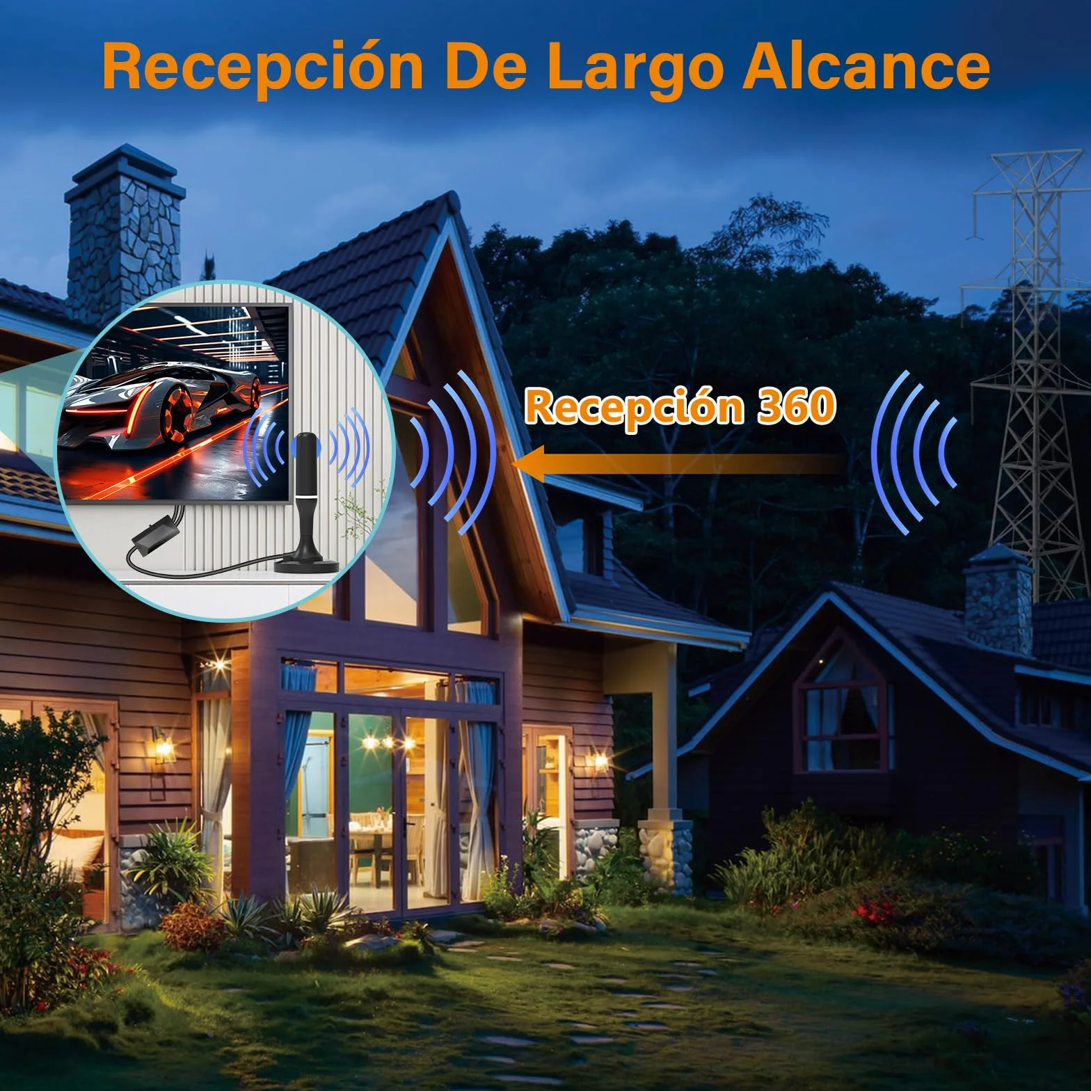 Antena TV Interior Potente HD, Amplificador Ajustable, Recepción 360°, Base Magnética, 4K/1080p VHF/UHF DVB-T/T2