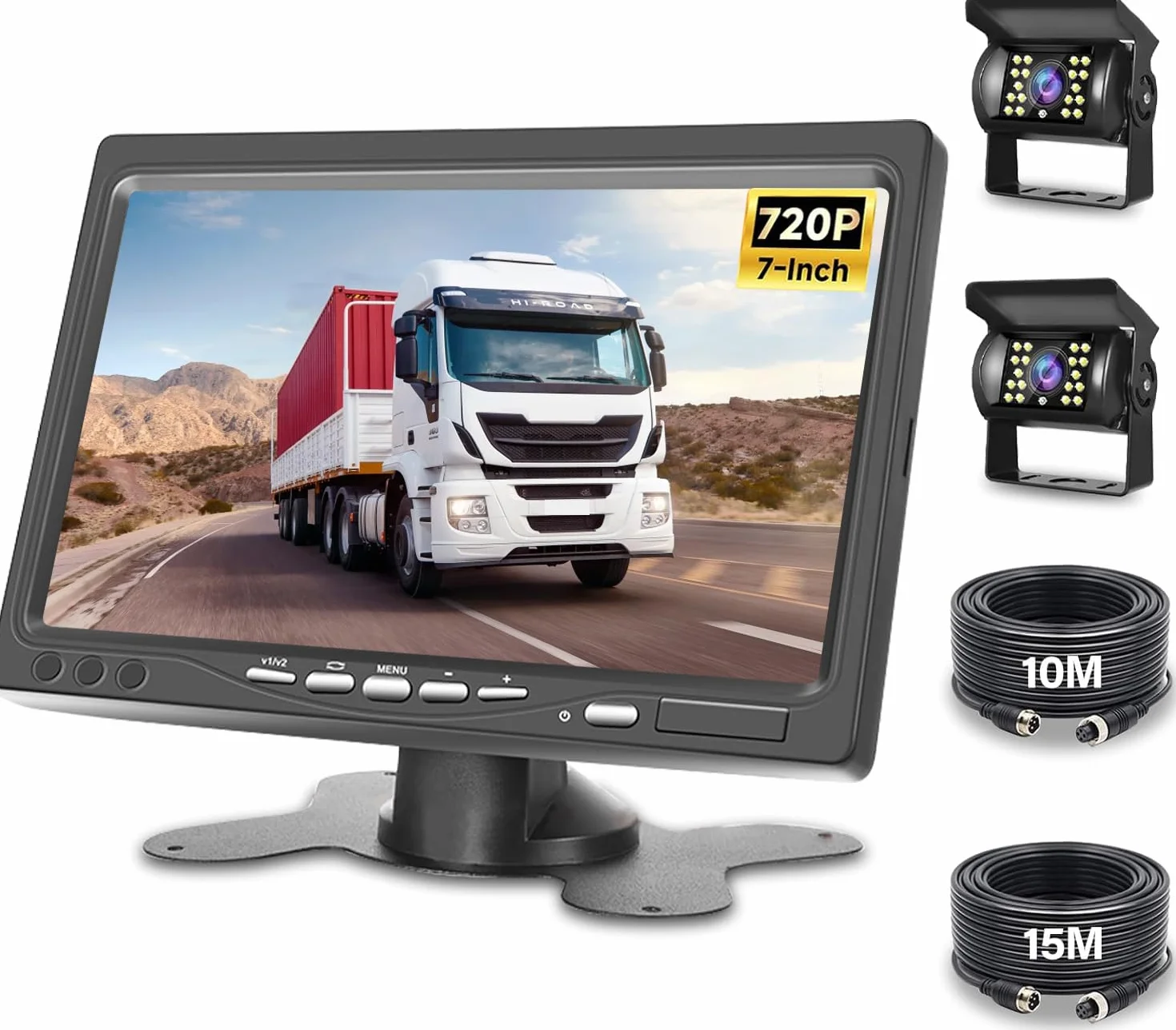Monitor 7 Pulgadas con Camara Marcha Atras - Monitor de Coche con Soporte de cámara de Marcha atrás IP67 Impermeable 18IR visión Nocturna - 2 Cámaras retrovisoras+2 Cables para camión/autobús/Tractor