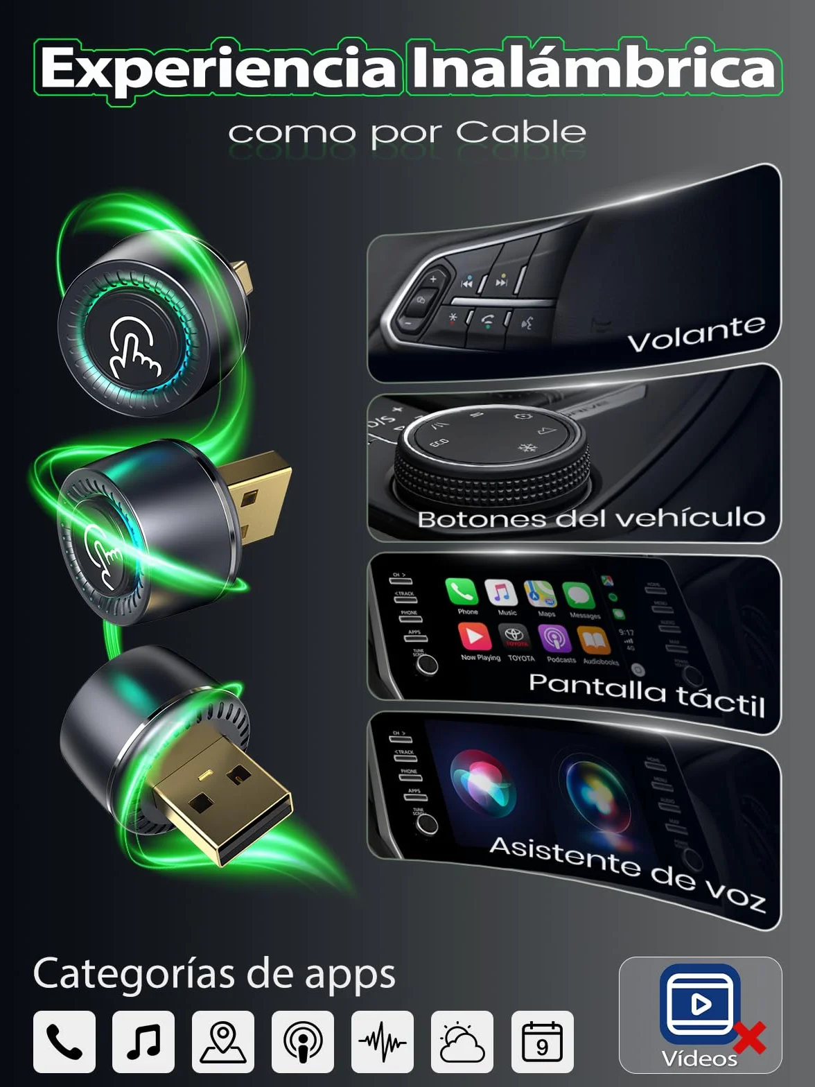 Adaptador CarPlay Inalámbrico - Cambio entre 2 Móviles con Botón, Android Auto Inalámbrico, Ultra Mini, Conexión Estable sin Sobrecalentamiento, Compatible con iPhone (iOS 10+) y Android 10+, USB-A/C