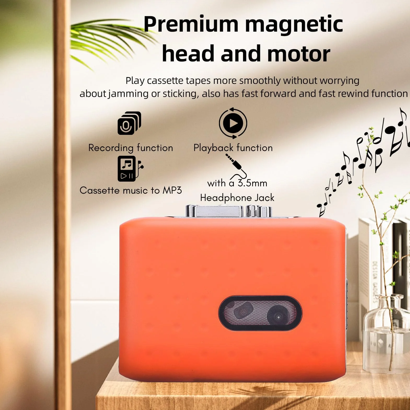 Player Portátil Cassette USB Cassette-TO-MP3 Convertidor con Grabadora de Micrófono Integrado y Enchufe de Auriculares Naranja