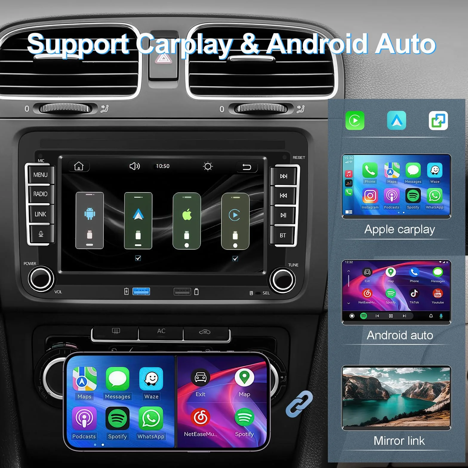 Radio Adecuado para VW Golf R32 5 6, Passat, Skoda, Polo, T5 Tiguan Jetta Mk5. Incorpora una Pantalla IPS de 7 Pulgadas, admite Carplay/Android Auto inalámbricos y es Compatible con Am/FM/RDS/USB/BT