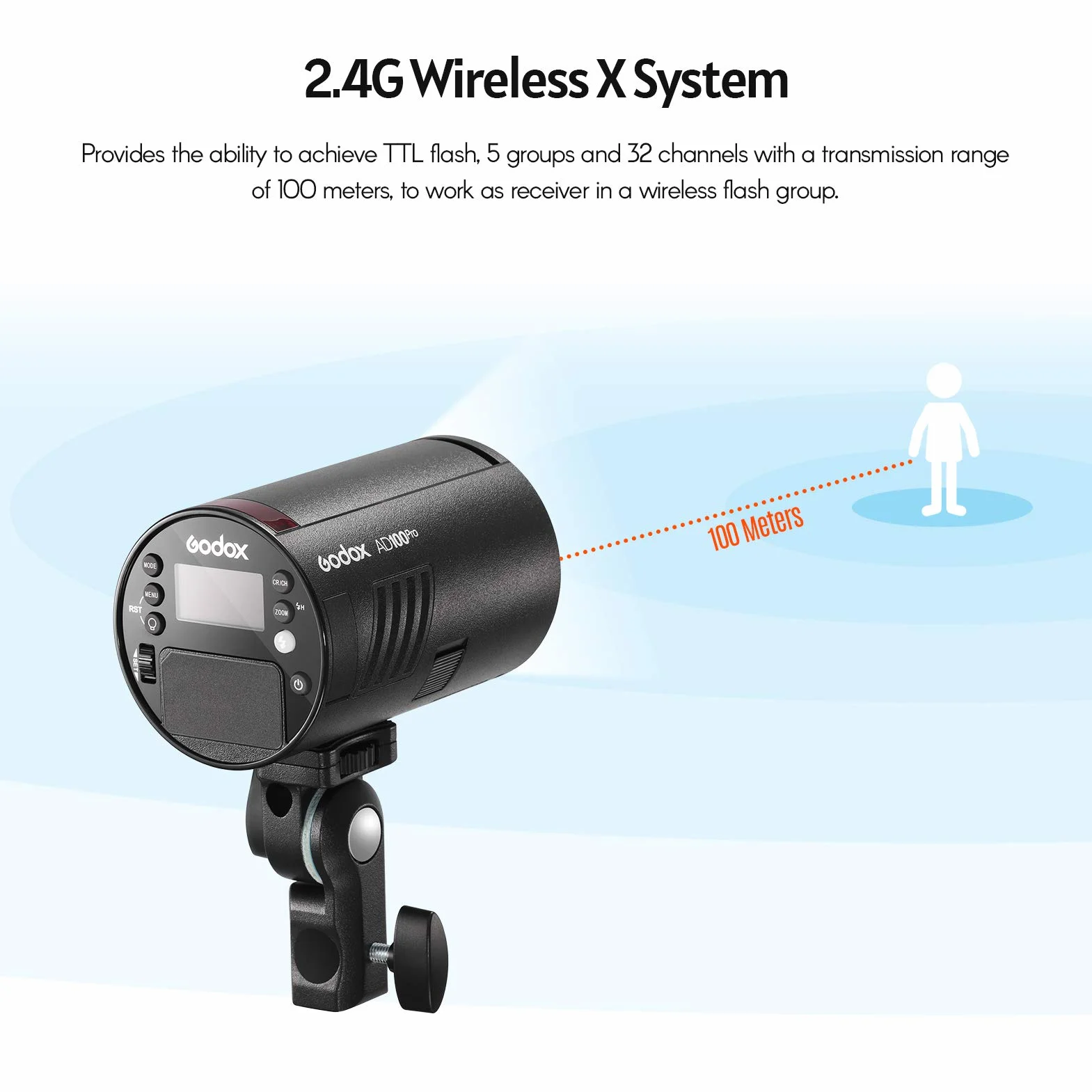 Godox AD100Pro Flash inalámbrico 2.4G con Pantalla OLED, 5800K, 1/8000s, sincronización TTL/Multi/M, con batería de 2600 mAh para Canon, Nikon, Sony, Olympus, Panasonic, Pentax (Negro)